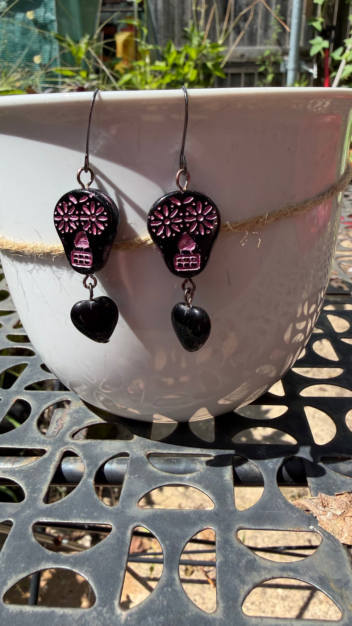 Black and Pink Sugar Skull Heart Earrings