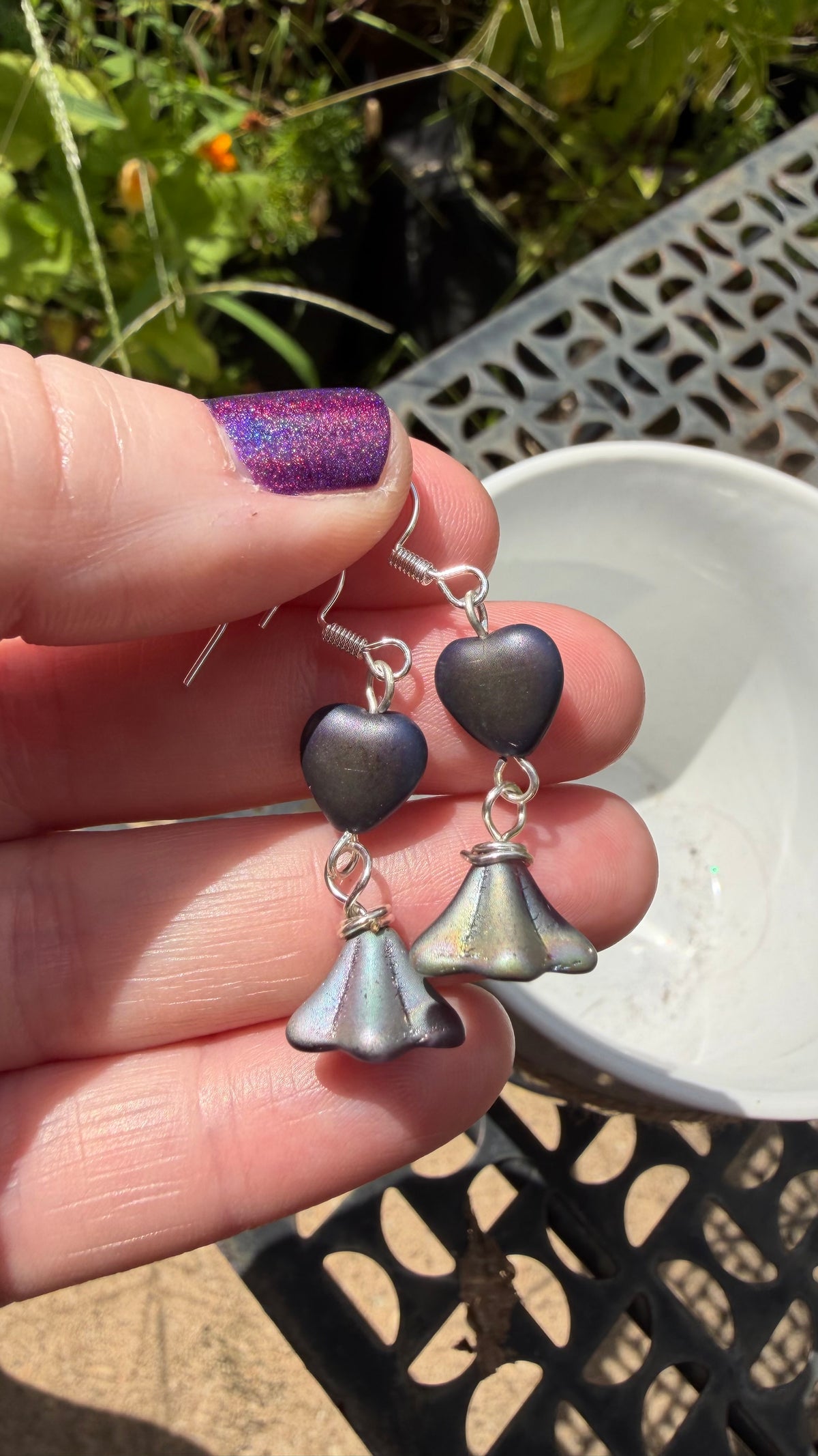 Purple Bellflower Heart Drops | Matte Amethyst Czech Glass Dangle Earrings