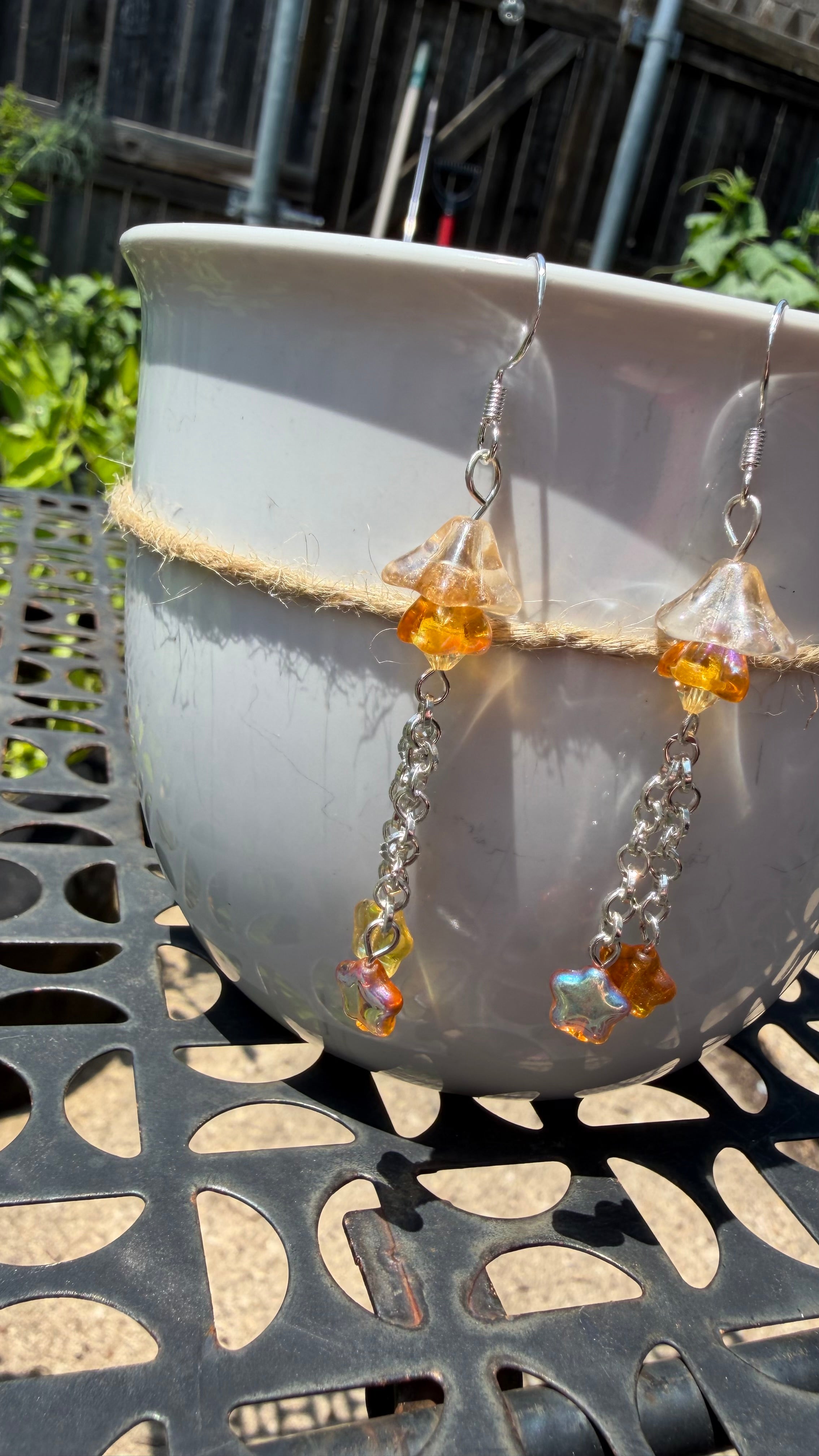 Czech Glass Light Topaz Bellflower Earrings – Star AB Iridescent Floral Dangles