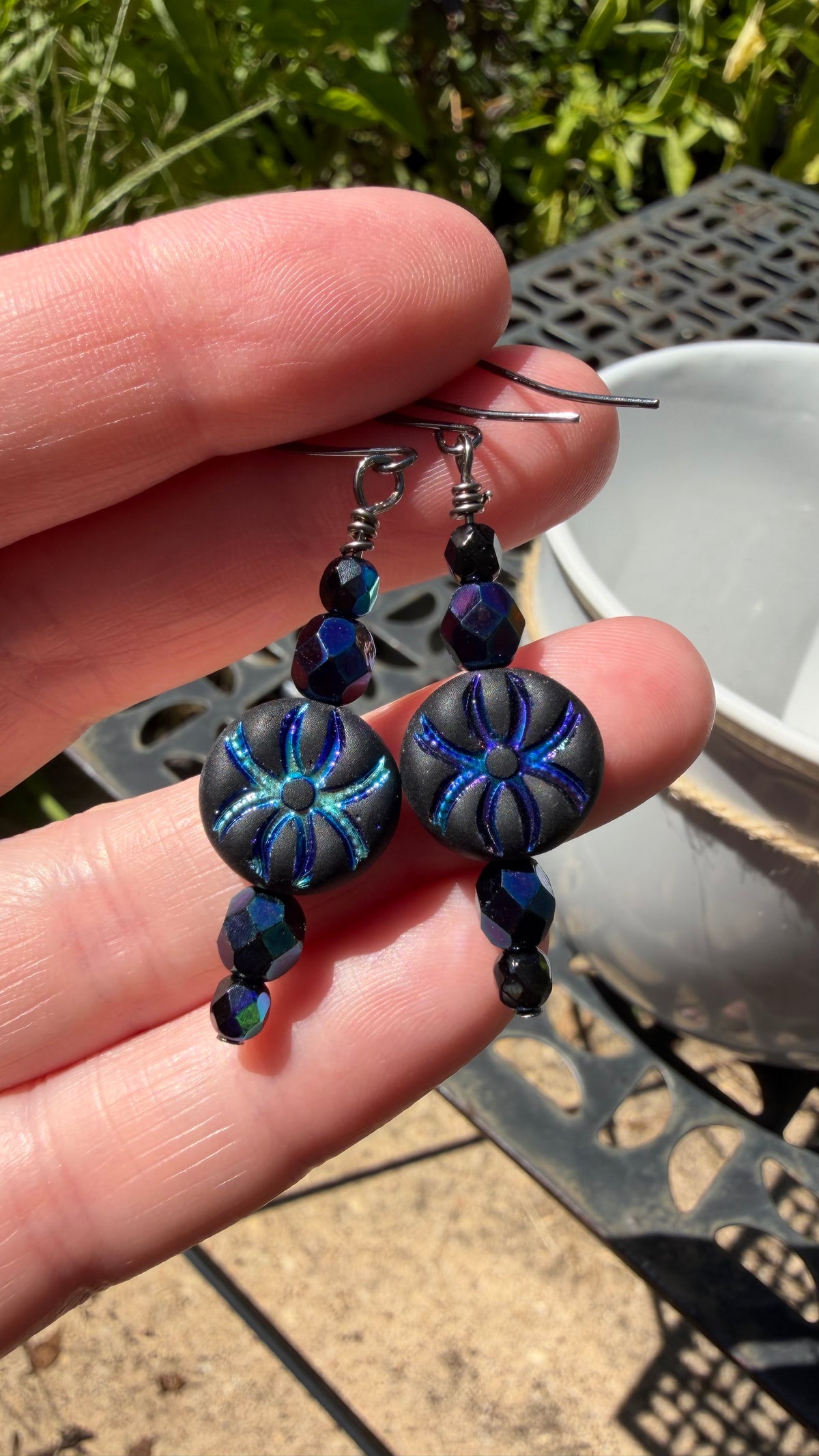 Matte Black Spider Earrings | Czech Glass Blue Iris Dangle Earrings