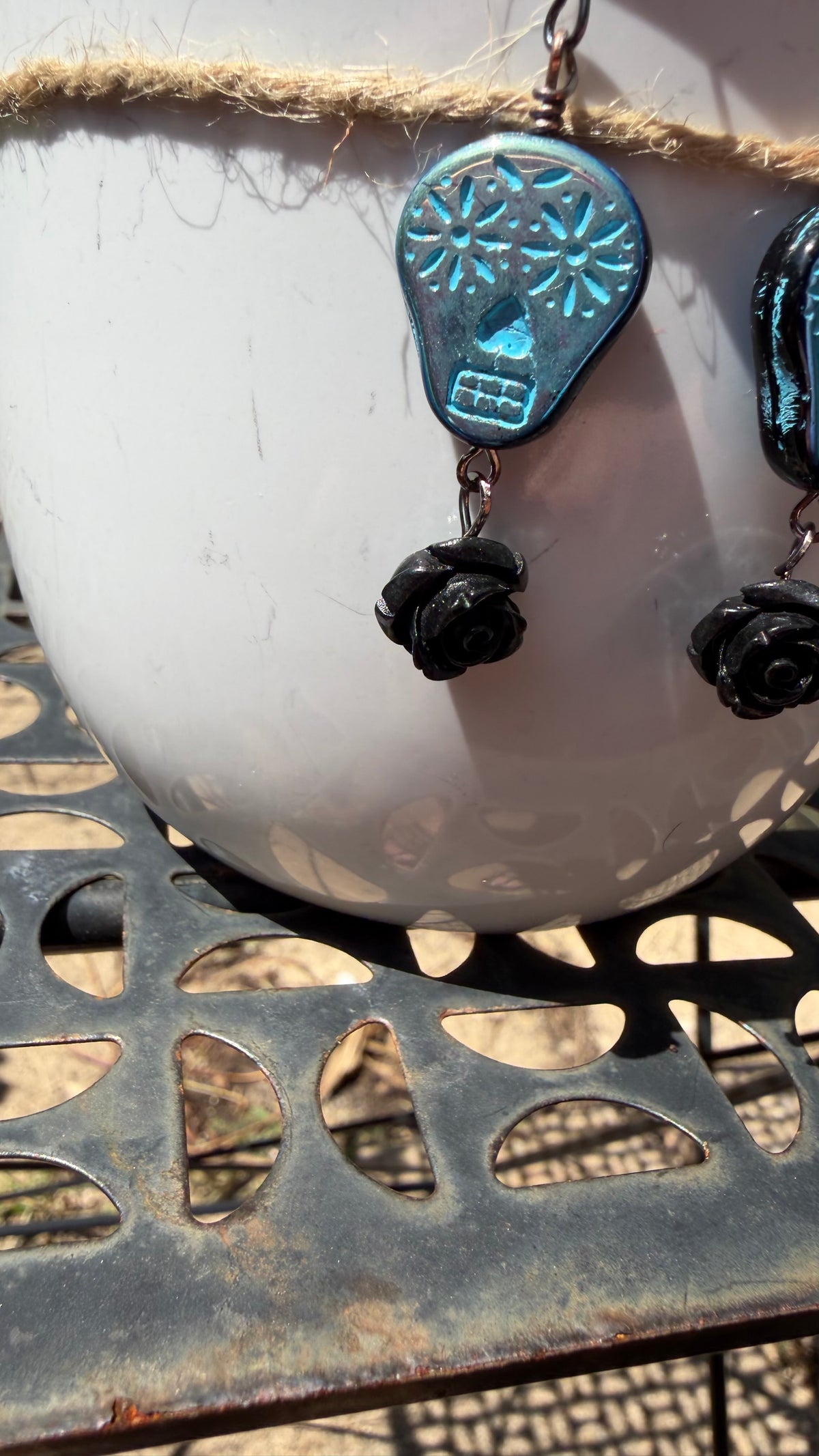Metallic Blue Sugar Skull Rose Earrings