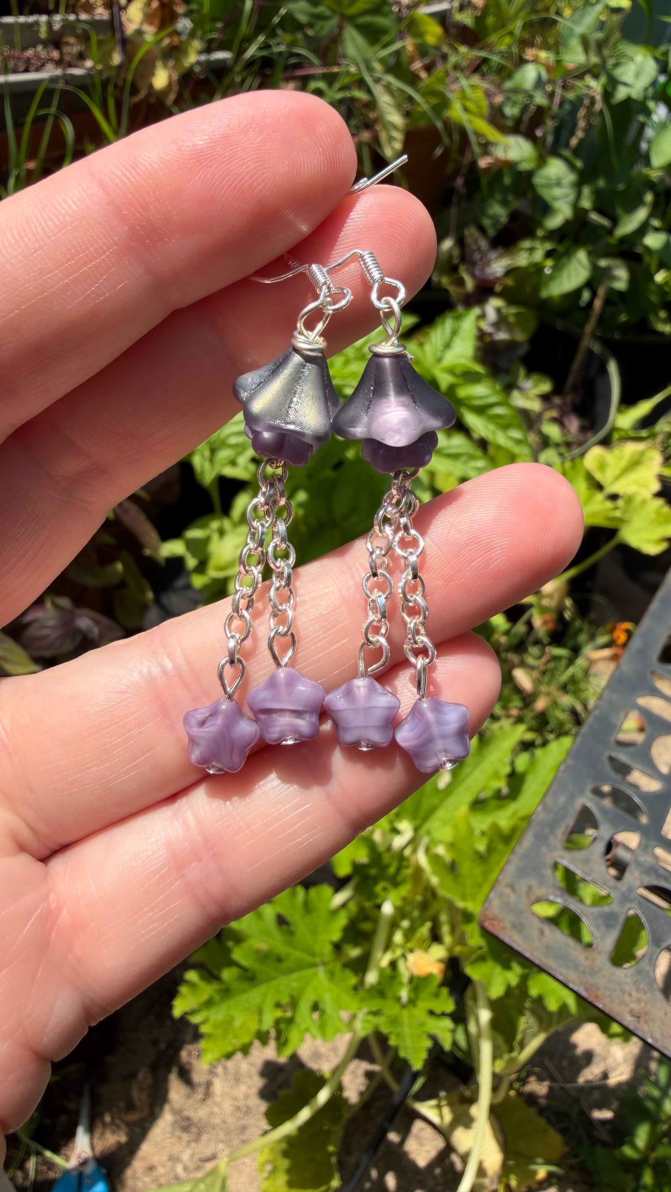 Czech Glass Purple Bellflower Earrings – Iridescent AB Floral Star Dangles