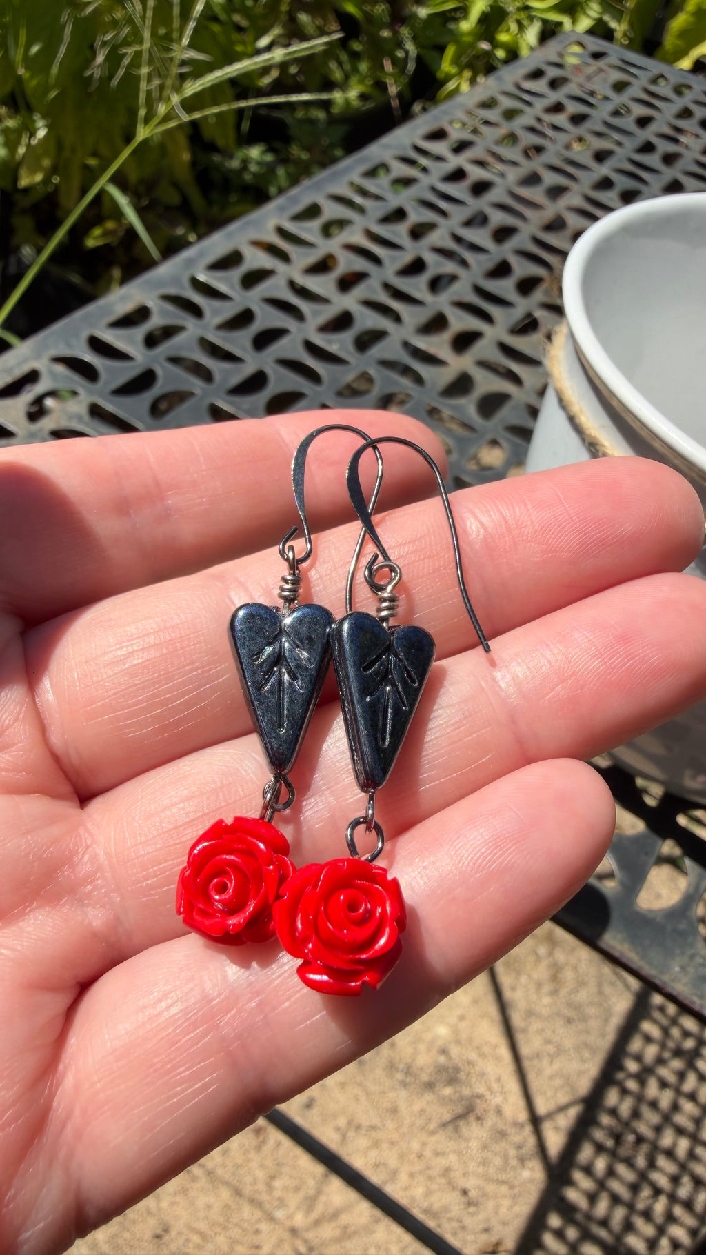 Black Heart Leaf Red Rose Earrings
