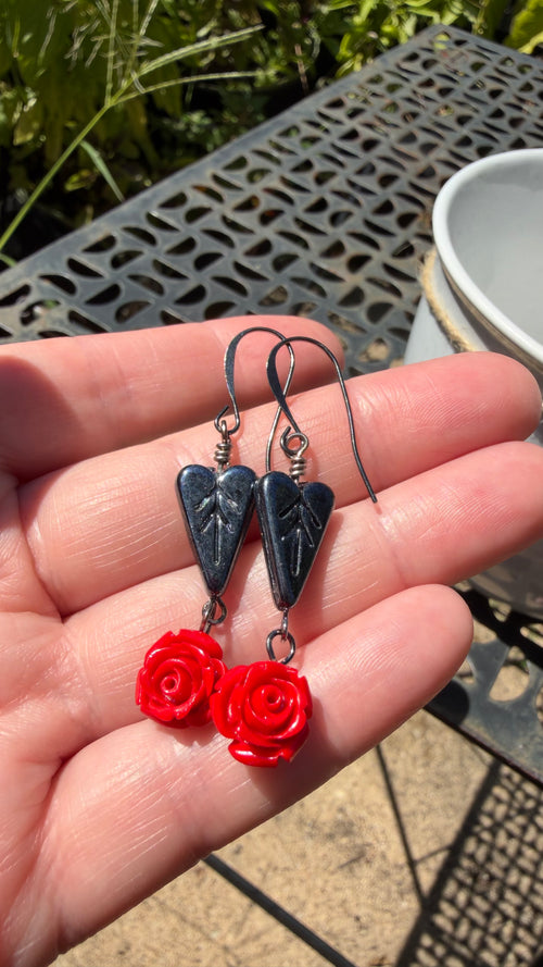 Black Heart Leaf Red Rose Earrings