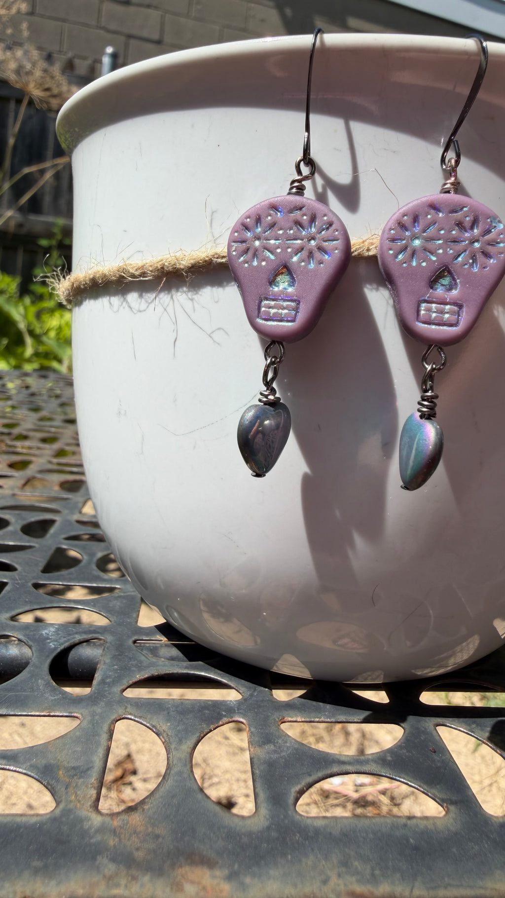 Purple Sugar Skull Heart Earrings