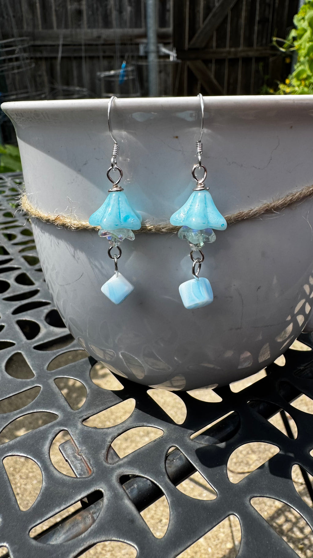 Czech Glass Light Blue Bell Flower Earrings – Handmade Floral Dangle with Rare Cube Bead | Hypoallergenic Garden Jewelry Gift for Her