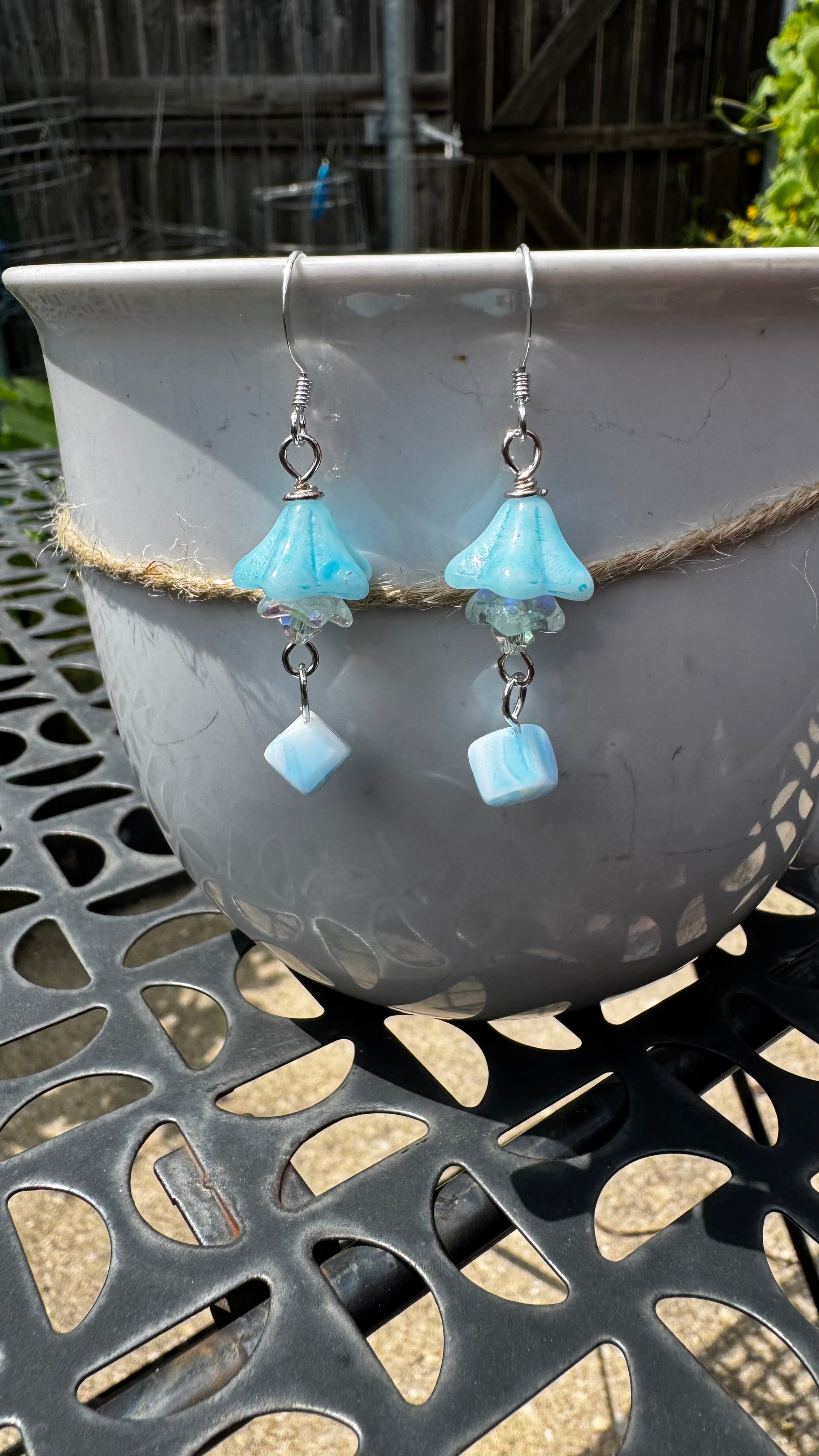 Czech Glass Light Blue Bell Flower Earrings – Handmade Floral Dangle with Rare Cube Bead | Hypoallergenic Garden Jewelry Gift for Her