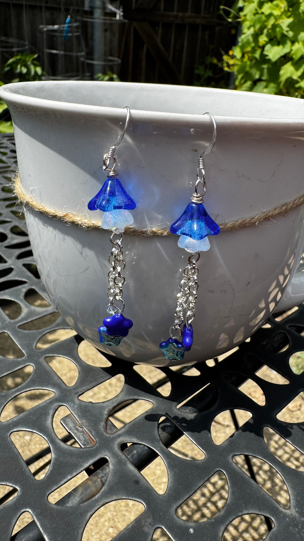Czech Glass Cobalt Blue Bellflower Earrings – Handmade Floral Star Dangle Earrings | Celestial Nature-Inspired Gift for Her