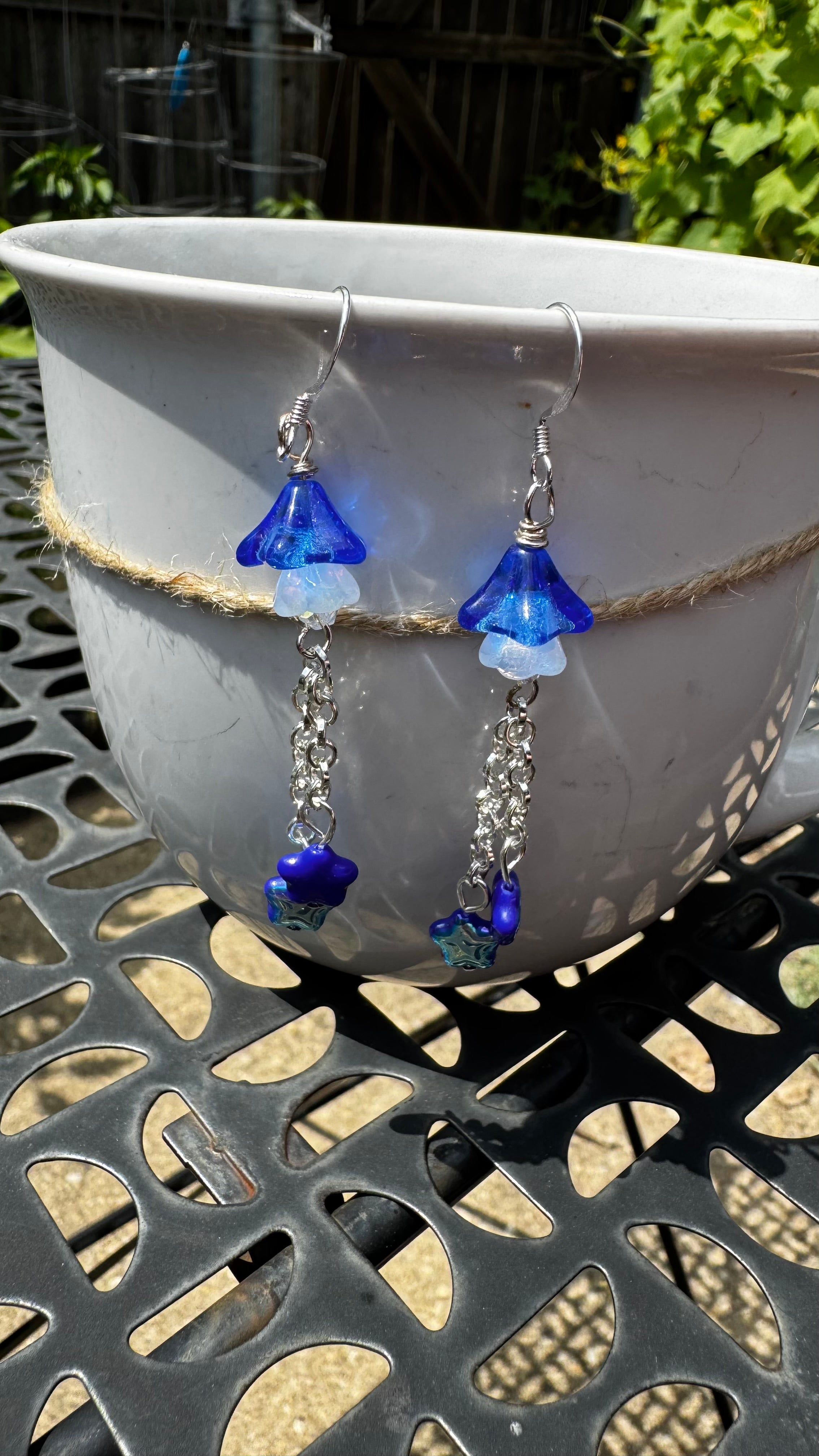 Czech Glass Cobalt Blue Bellflower Earrings – Handmade Floral Star Dangle Earrings | Celestial Nature-Inspired Gift for Her