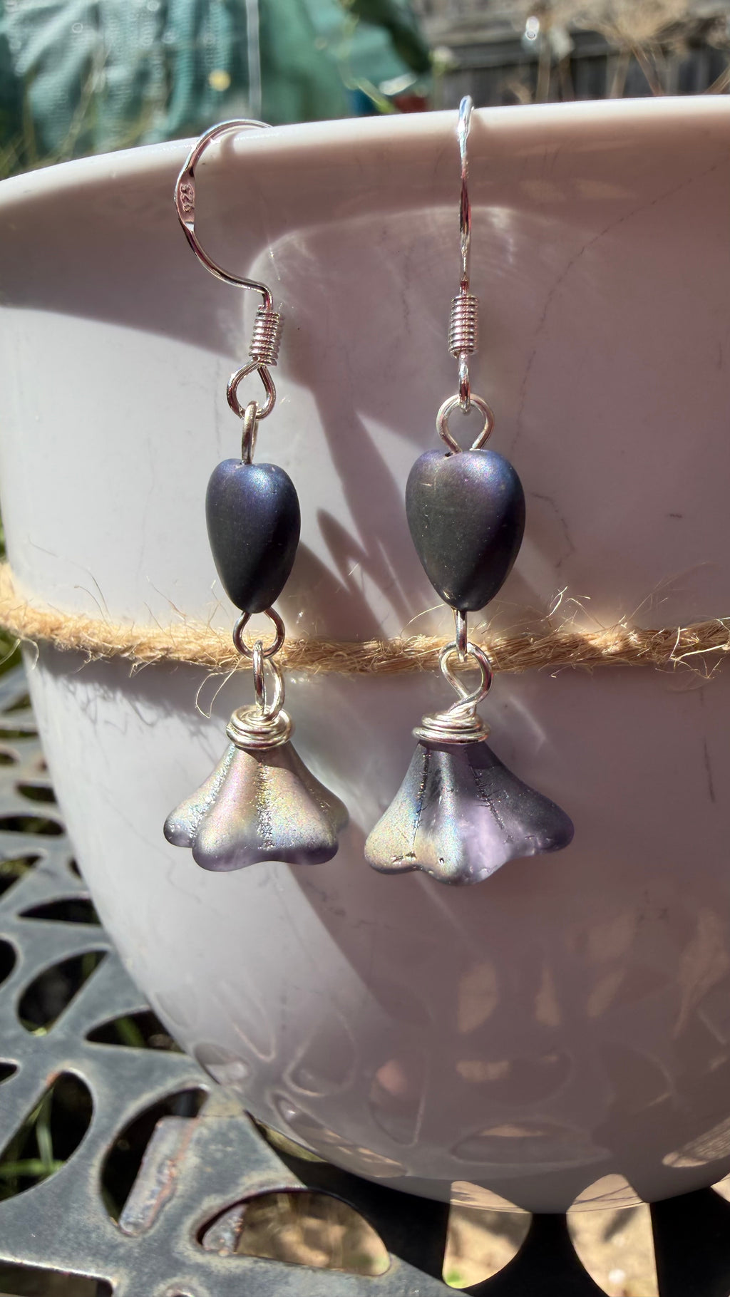 Purple Bellflower Heart Drops | Matte Amethyst Czech Glass Dangle Earrings