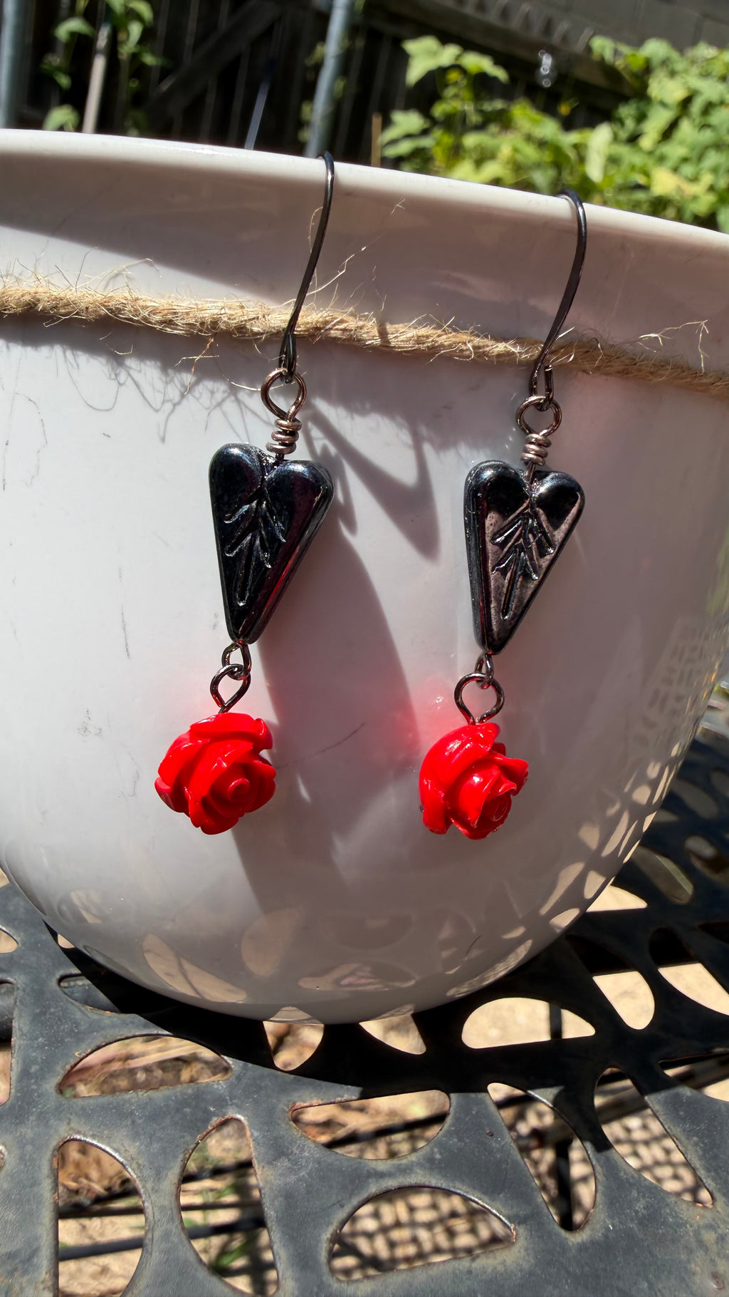 Black Heart Leaf Red Rose Earrings