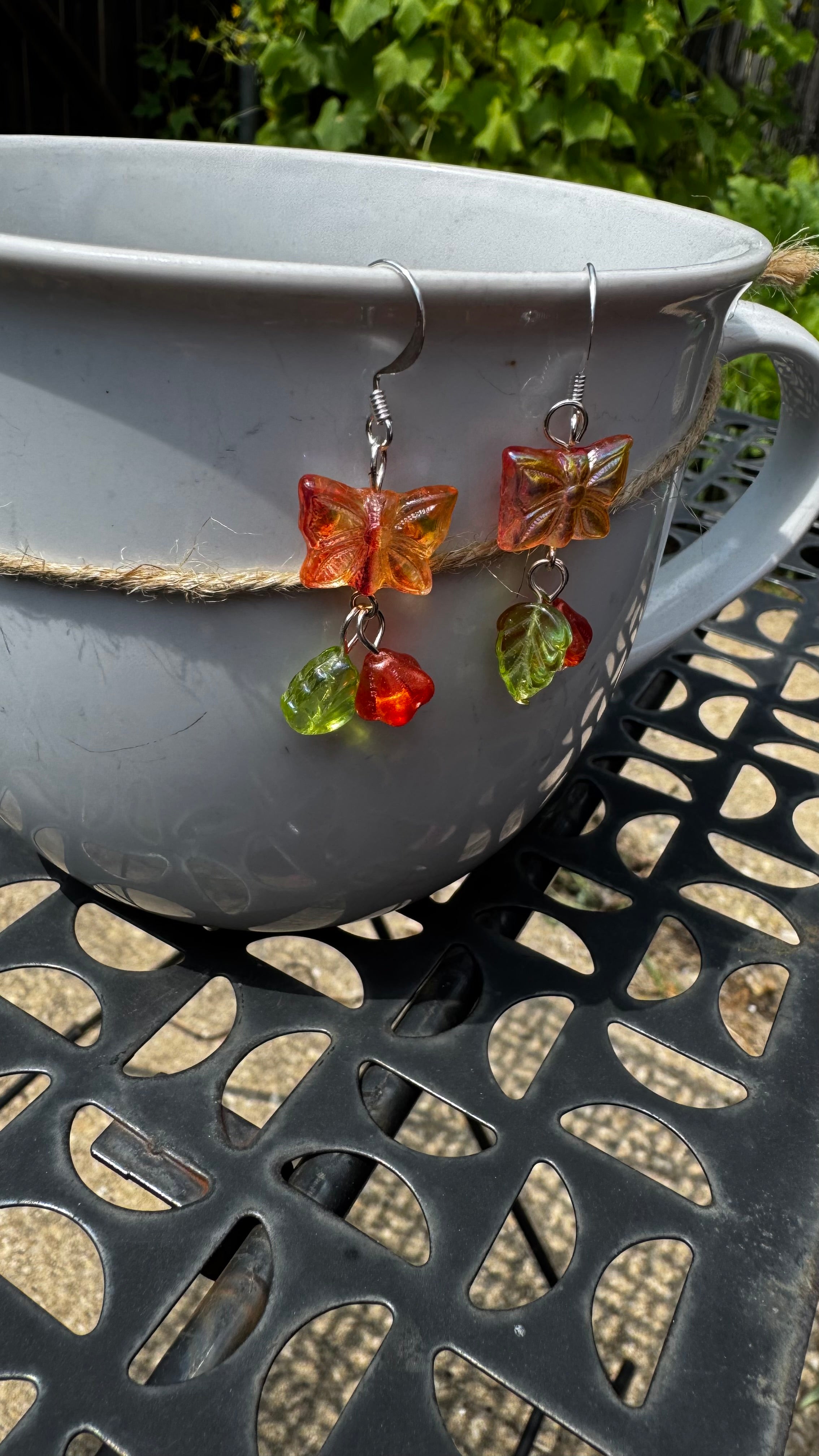 Orange Czech Glass Butterfly Earrings – Handmade Floral Dangle Earrings with Bell Flower Beads | Nature Inspired Jewelry Gift for Her