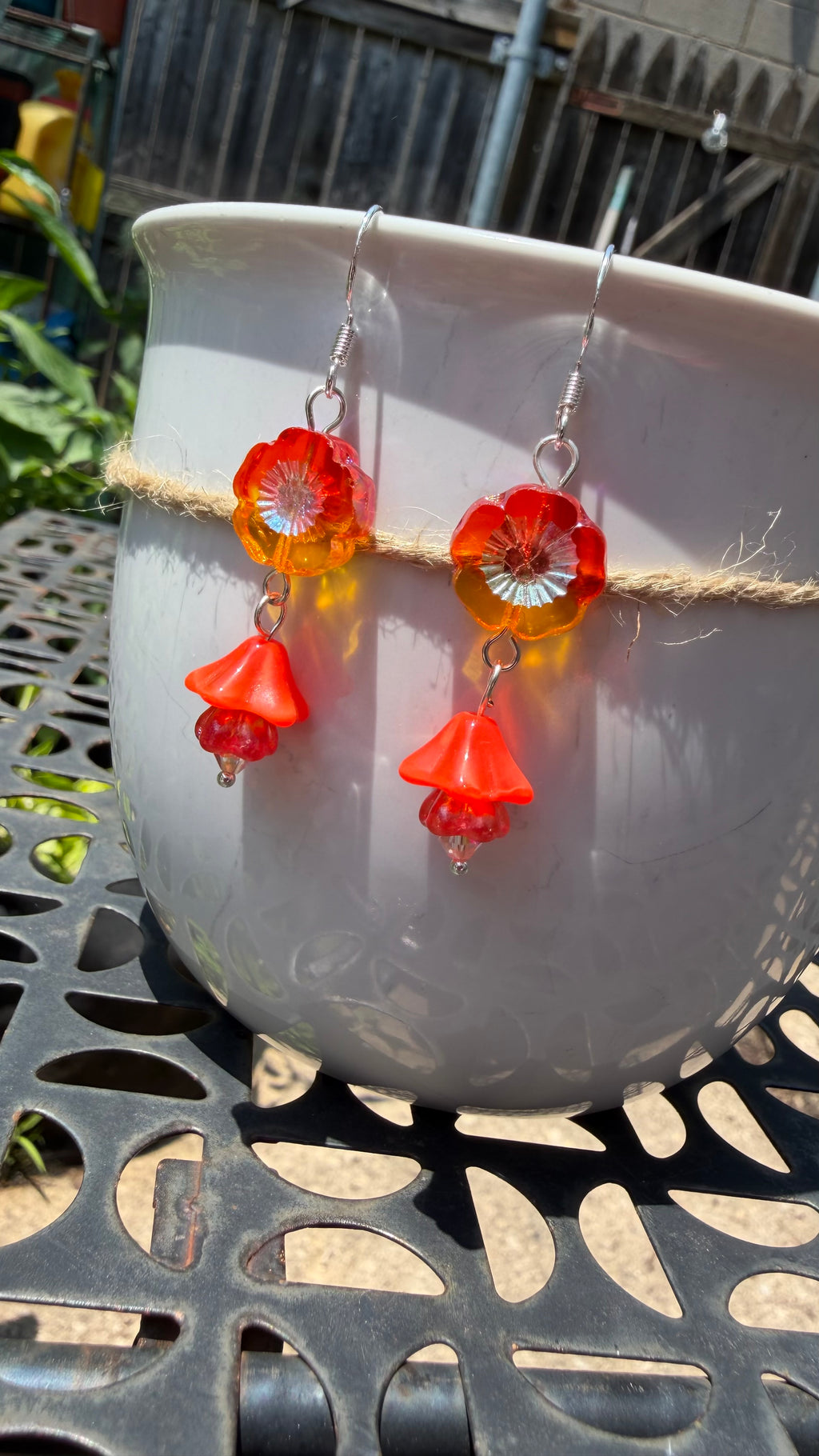 Orange and Yellow Czech Glass Hibiscus Earrings | Boho Floral Dangle Earrings