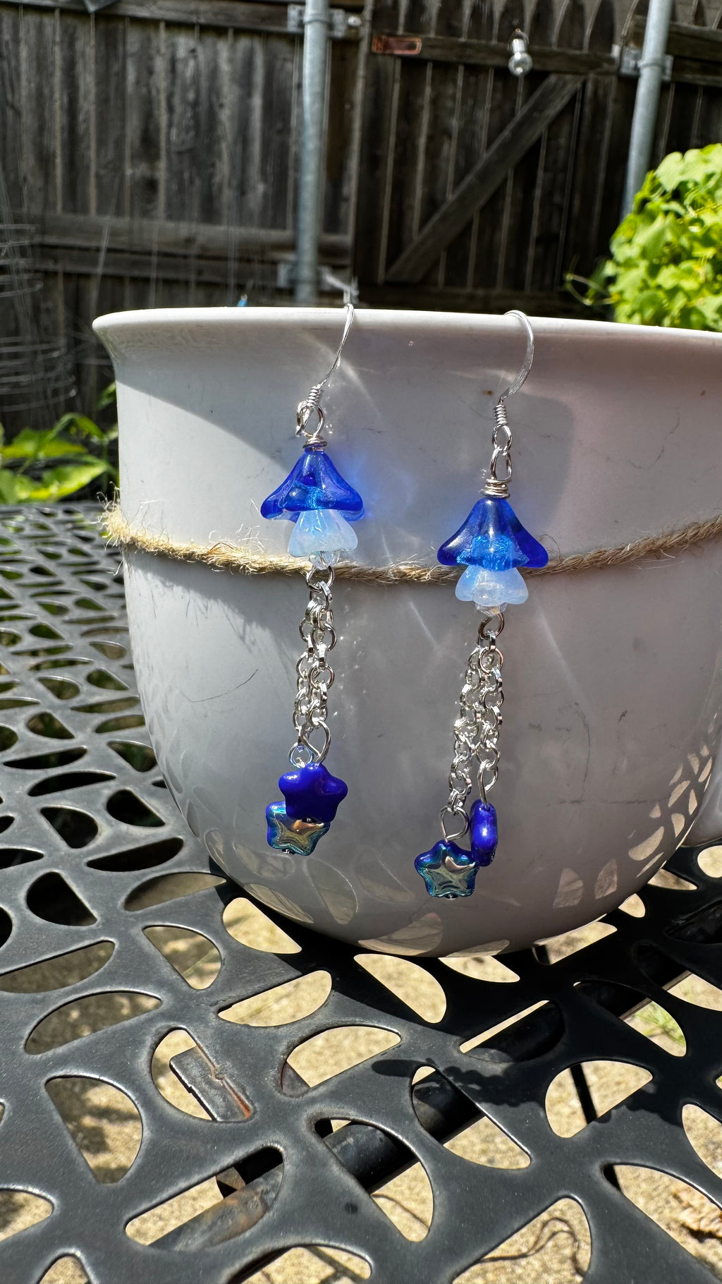Czech Glass Cobalt Blue Bellflower Earrings – Handmade Floral Star Dangle Earrings | Celestial Nature-Inspired Gift for Her