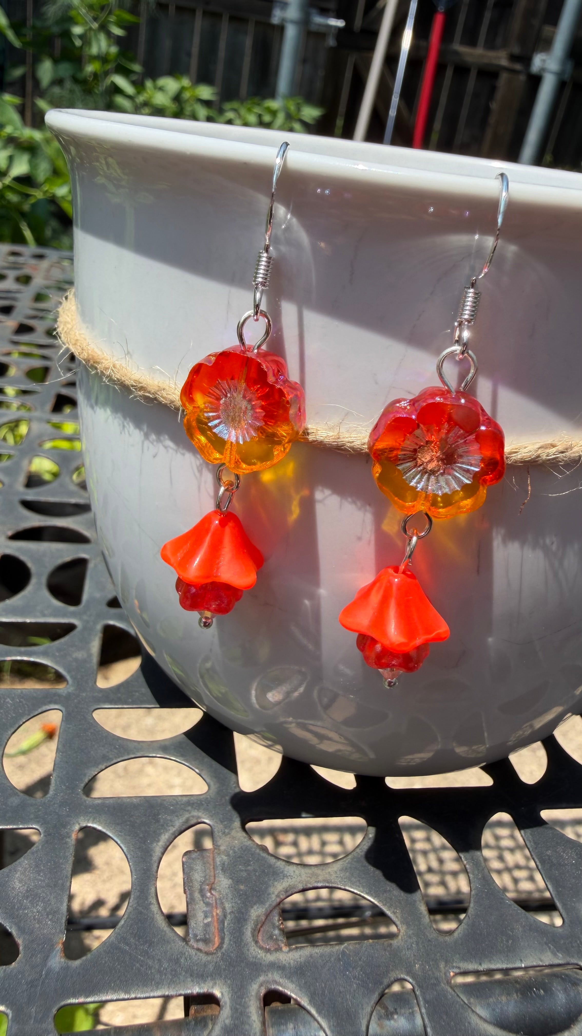 Orange and Yellow Czech Glass Hibiscus Earrings | Boho Floral Dangle Earrings