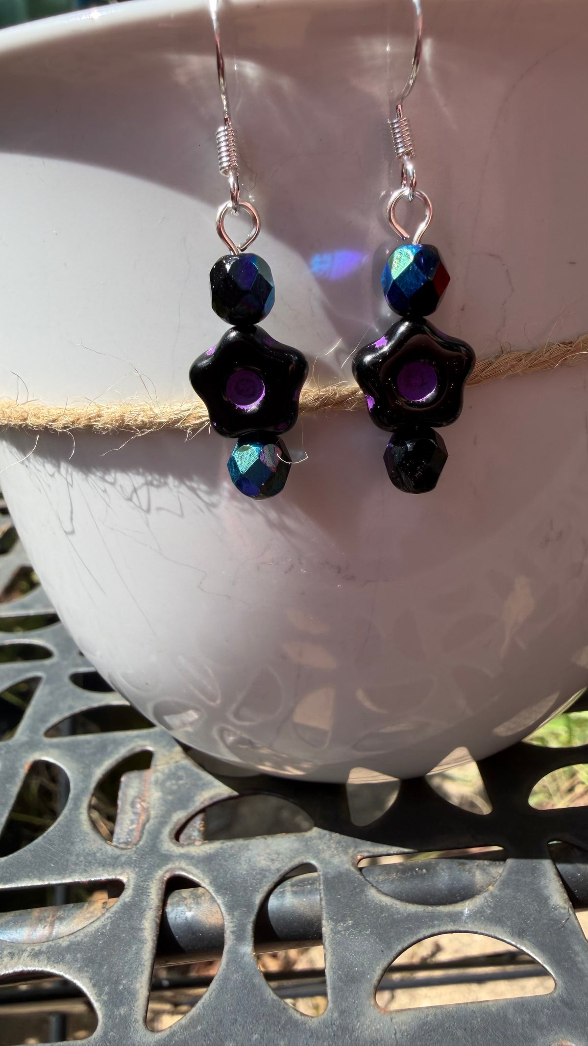Black Purple Flower Earrings | Jet Black AB Czech Glass Dangles