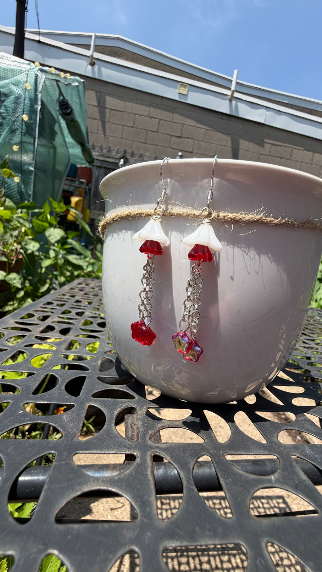 Layered White Red Floral Star Dangle Earrings