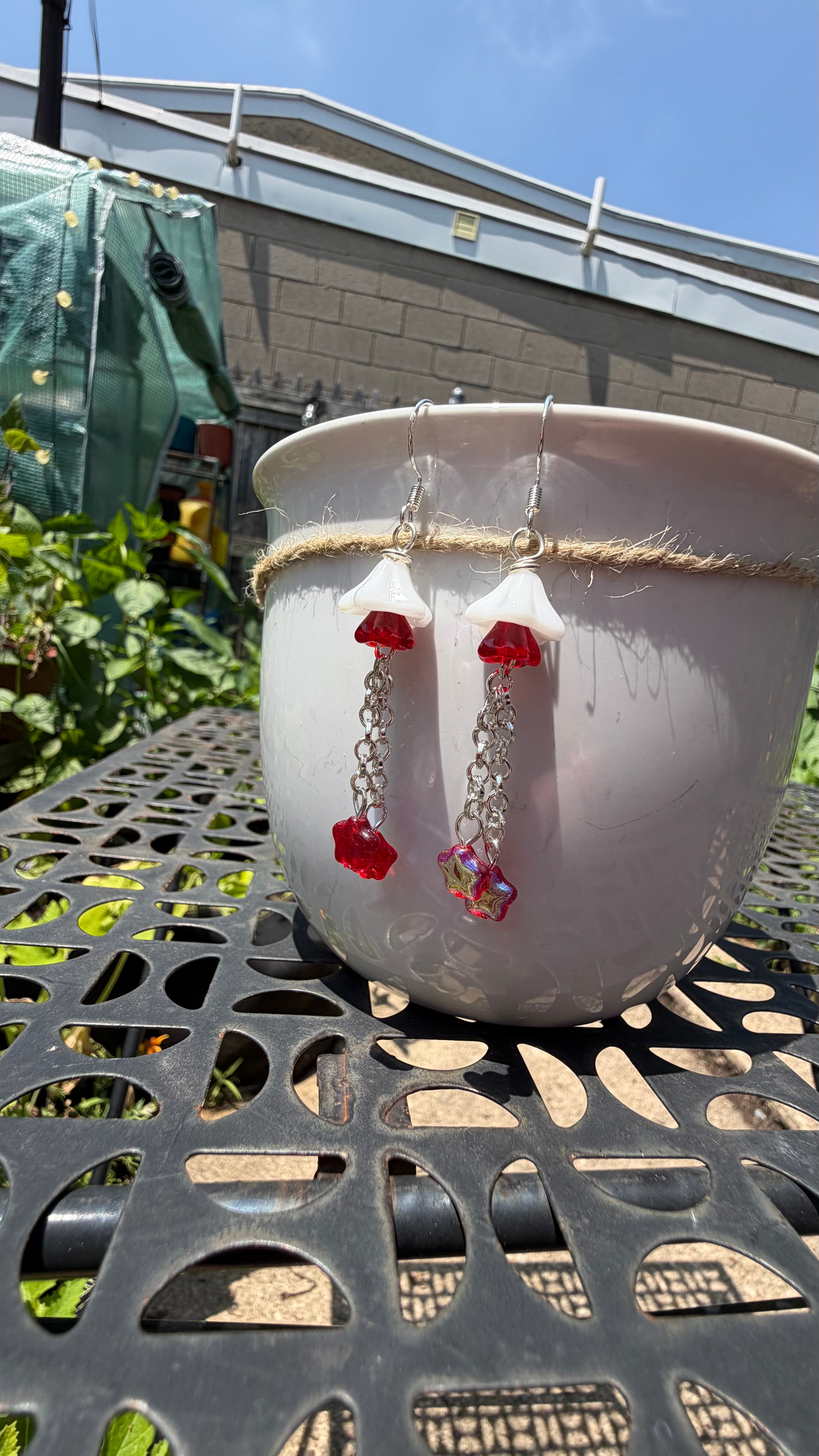 Layered White Red Floral Star Dangle Earrings