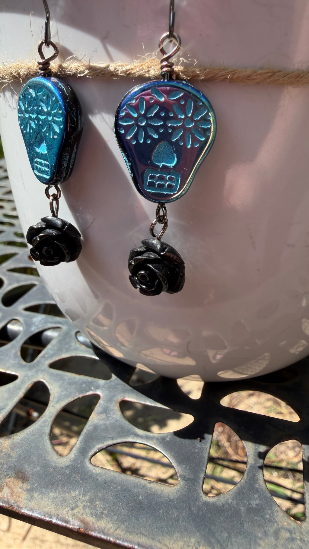 Metallic Blue Sugar Skull Rose Earrings