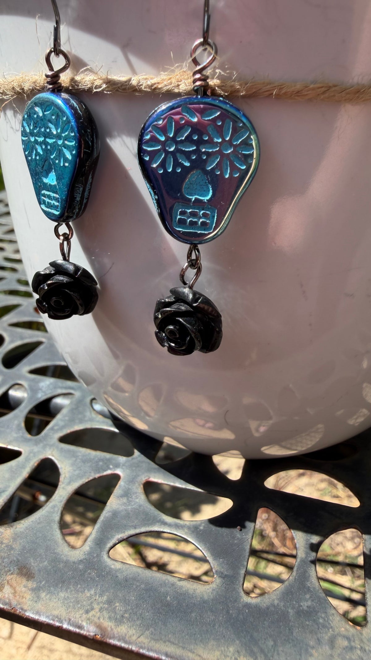 Metallic Blue Sugar Skull Rose Earrings