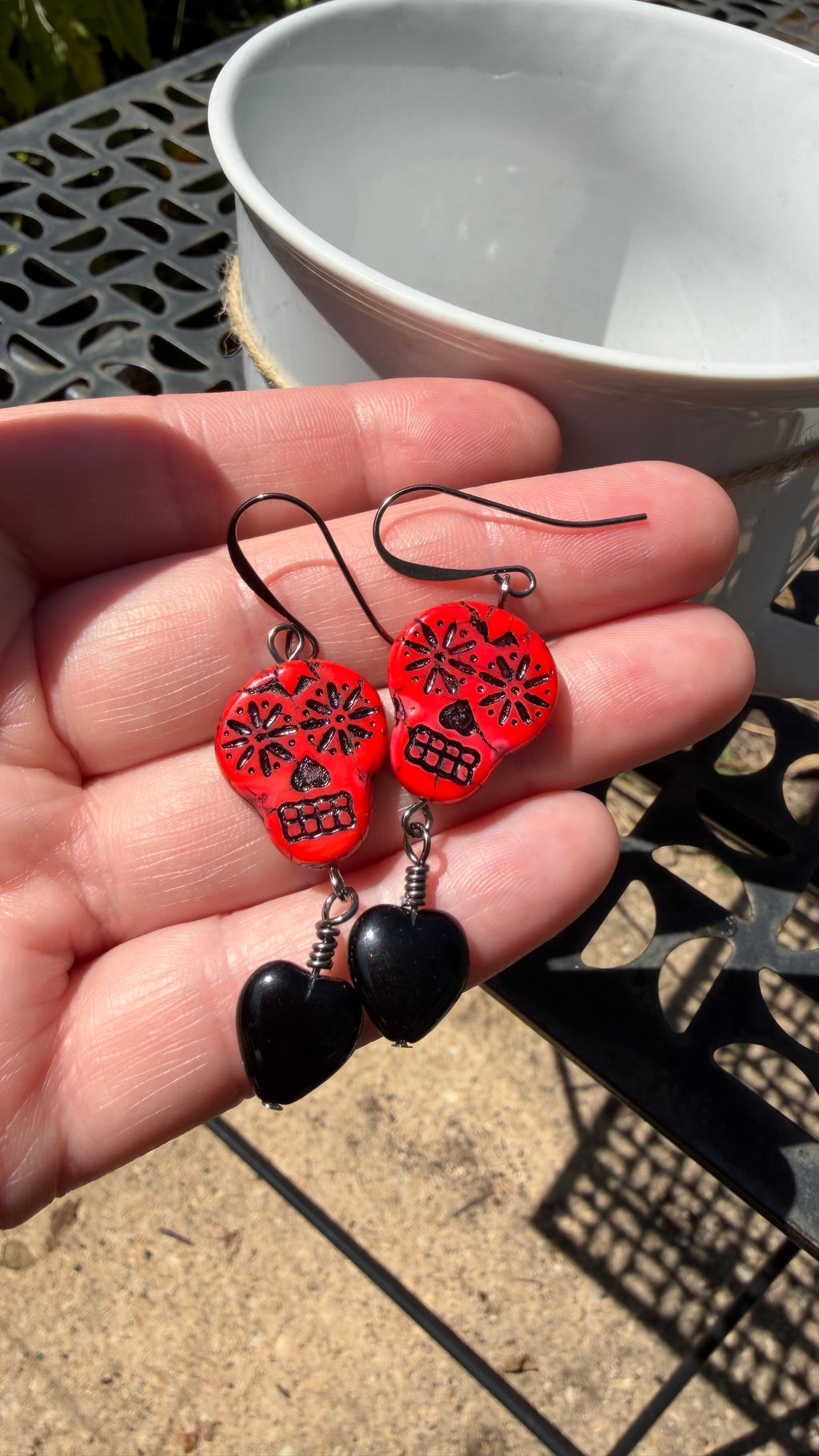 Red Sugar Skull Heart Earrings