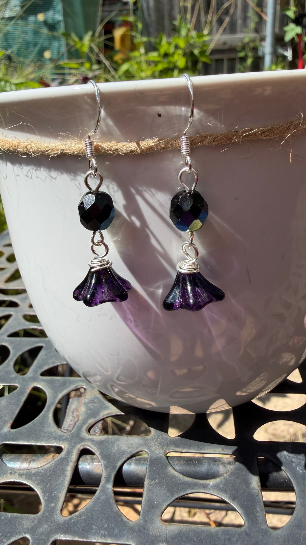 Purple Bellflower Drops | Jet Black AB Amethyst Czech Glass Dangle Earrings
