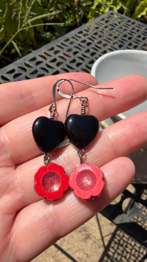 Black Heart Coral Hibiscus Earrings