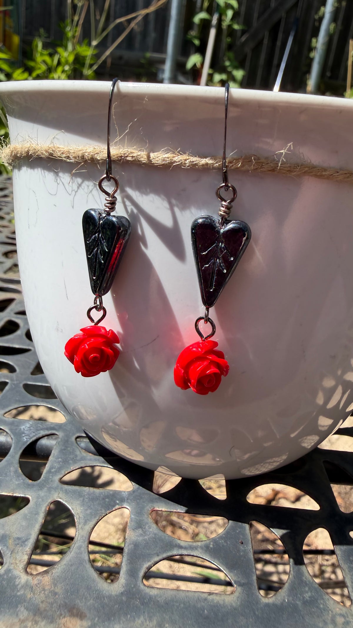 Black Heart Leaf Red Rose Earrings