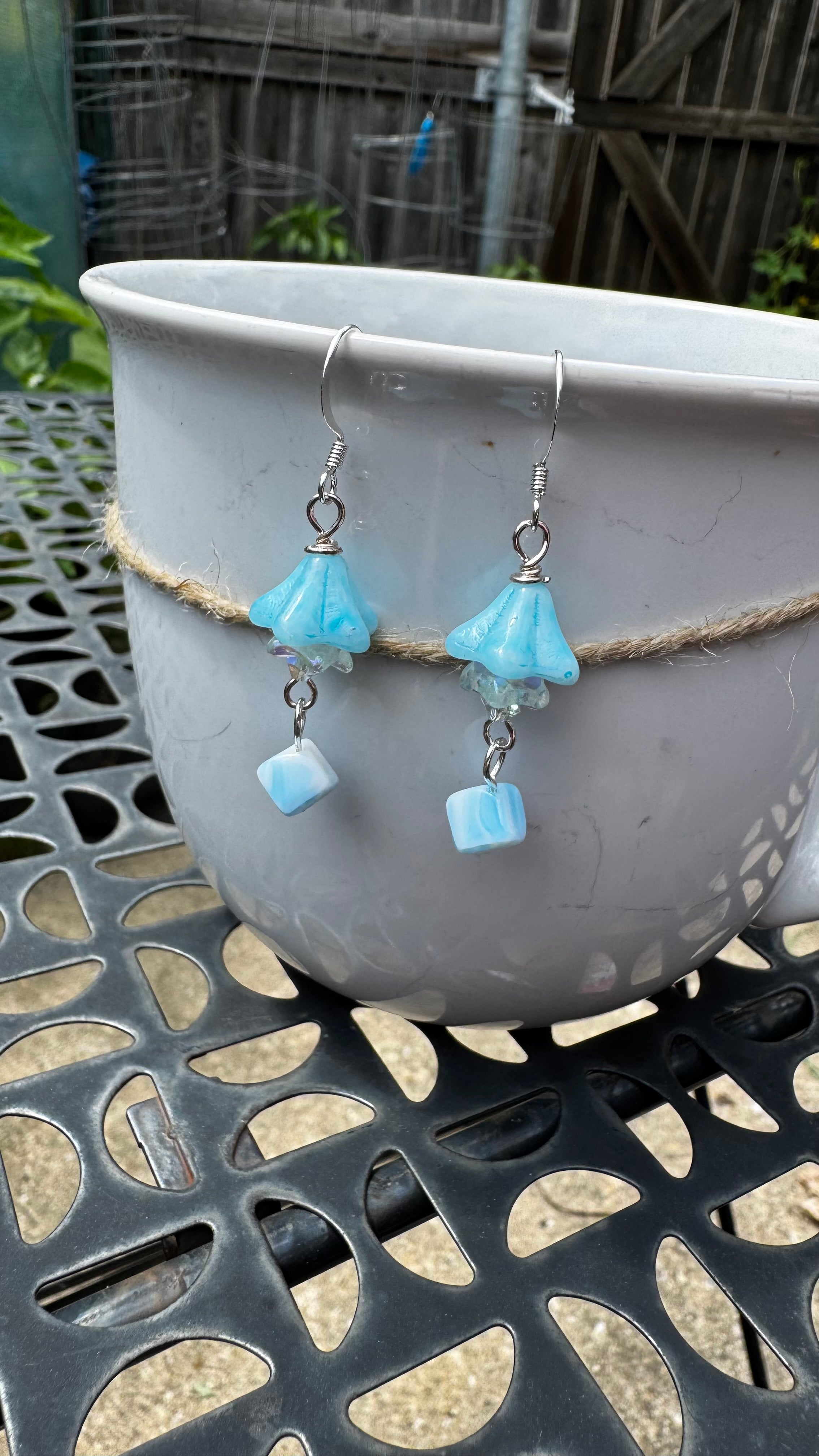 Czech Glass Light Blue Bell Flower Earrings – Handmade Floral Dangle with Rare Cube Bead | Hypoallergenic Garden Jewelry Gift for Her
