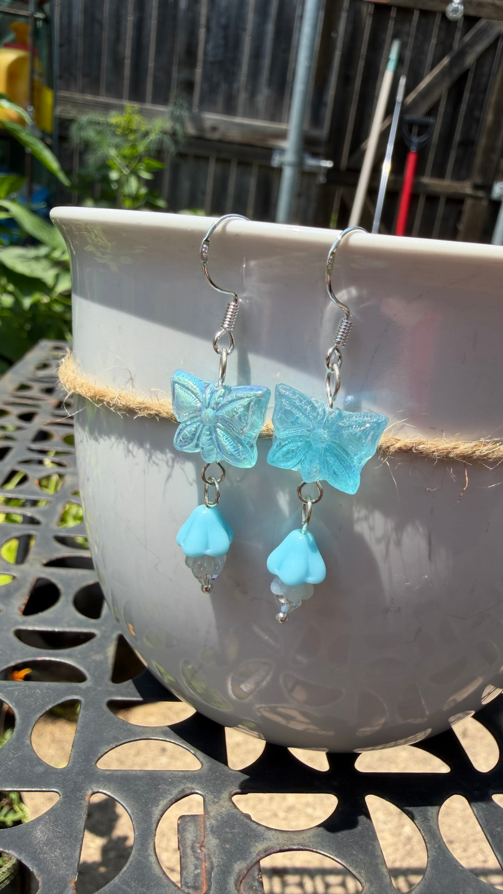 Light Blue Butterfly Earrings | Matte AB Czech Glass Floral Dangle Earrings