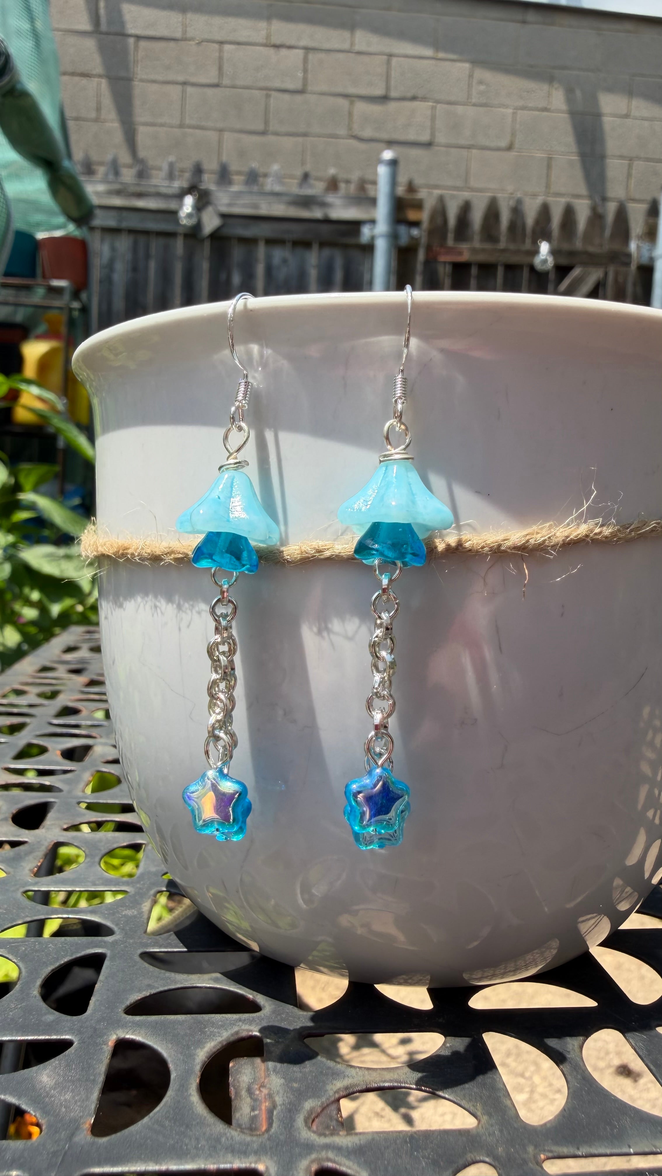 Czech Glass Light Blue Bellflower Earrings – Star AB Iridescent Floral Dangles