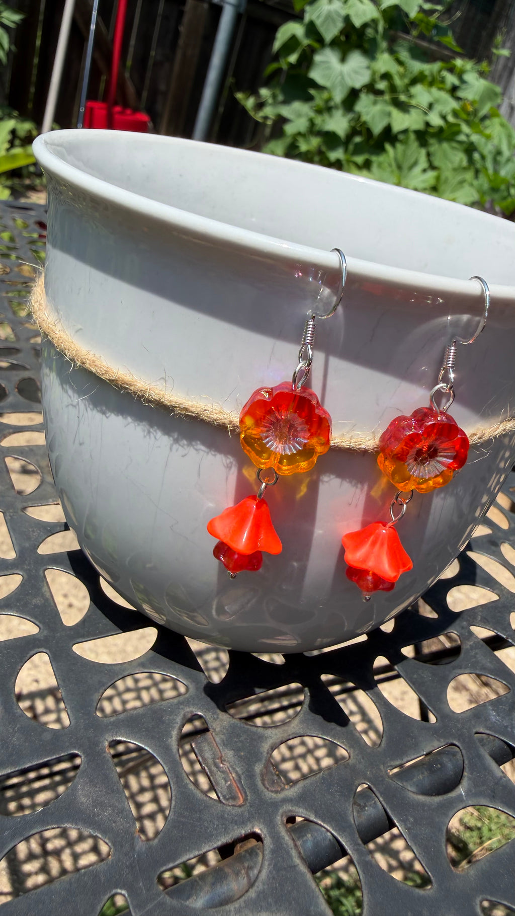 Orange and Yellow Czech Glass Hibiscus Earrings | Boho Floral Dangle Earrings