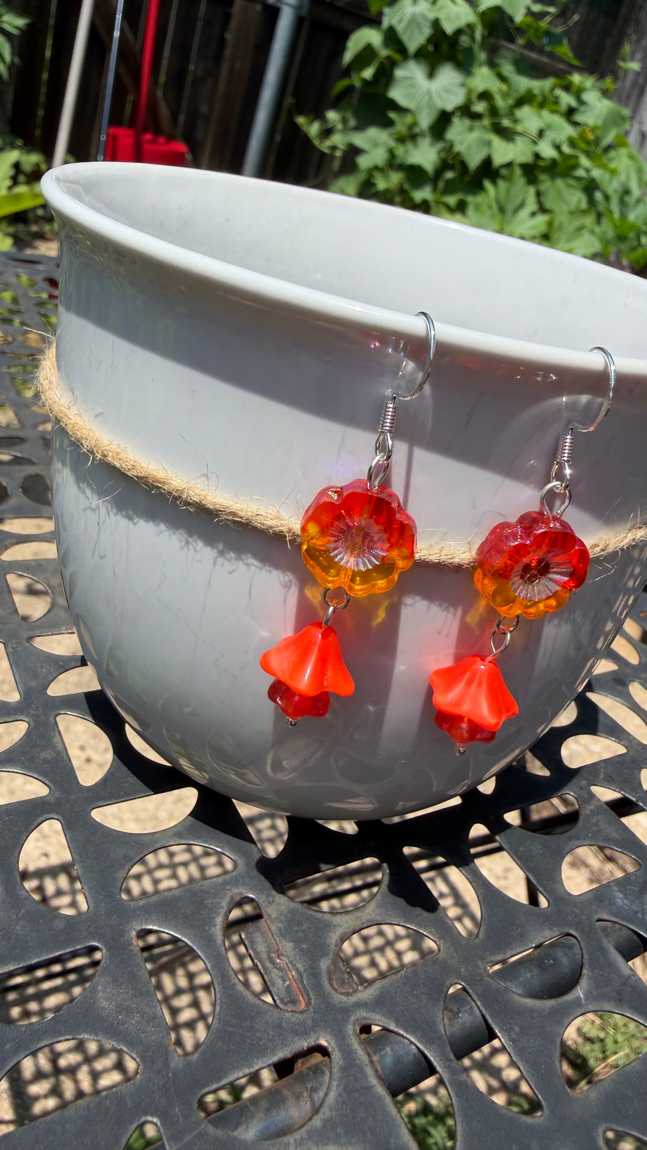 Orange and Yellow Czech Glass Hibiscus Earrings | Boho Floral Dangle Earrings