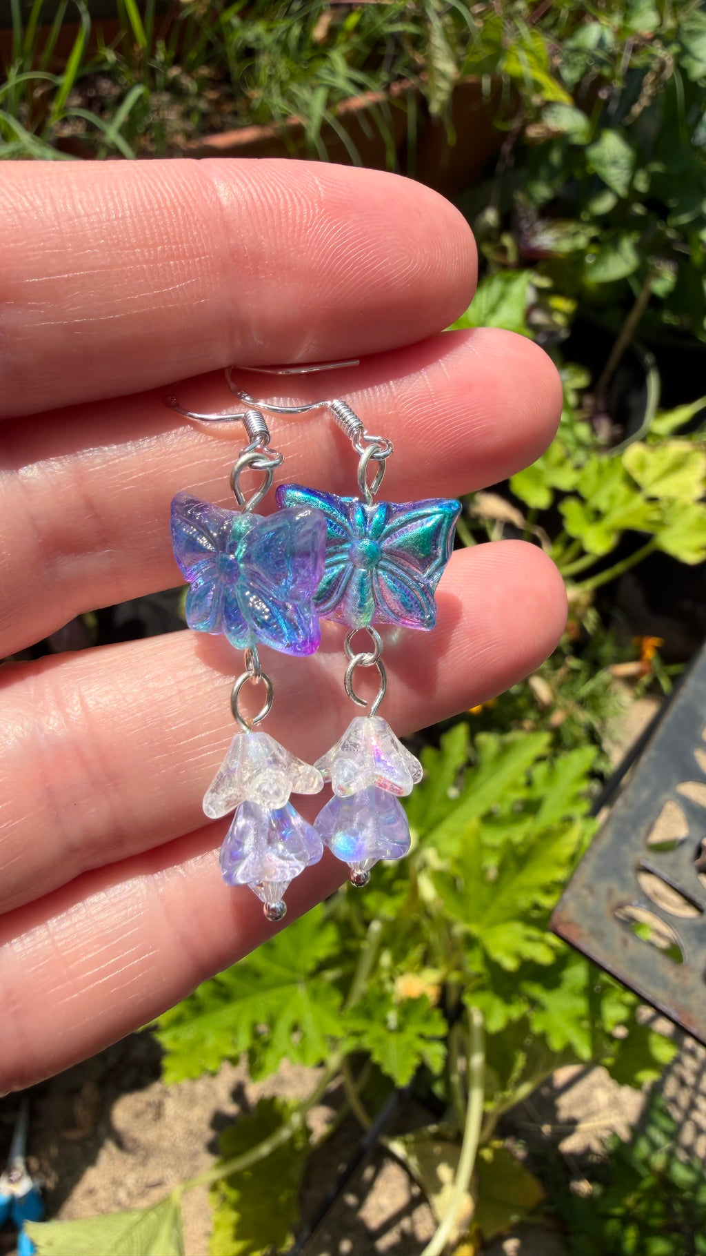 Blue Purple Butterfly Earrings | Iridescent AB Czech Glass Floral Dangle Earrings
