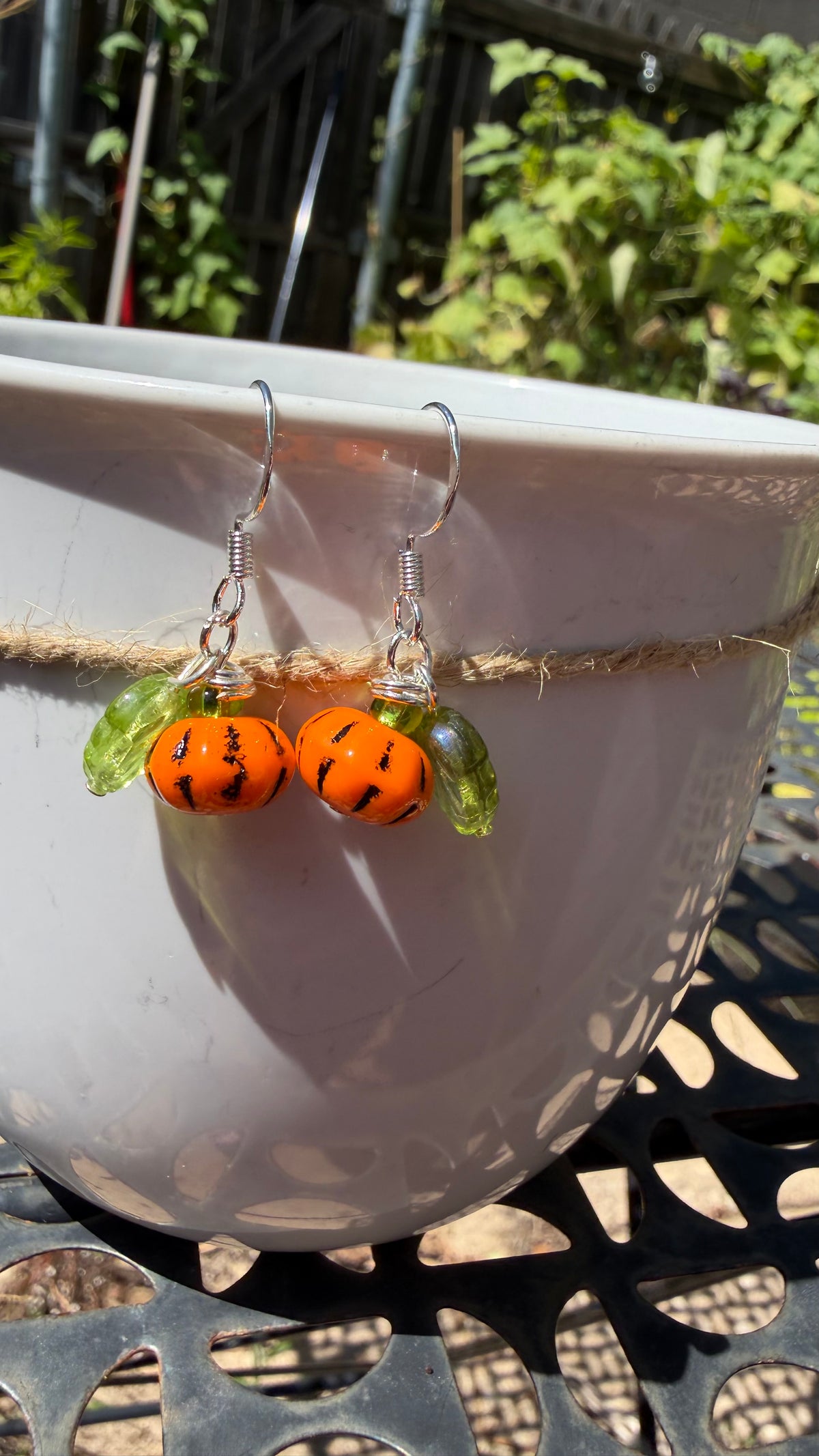 Orange Pumpkin Green Leaf Earrings