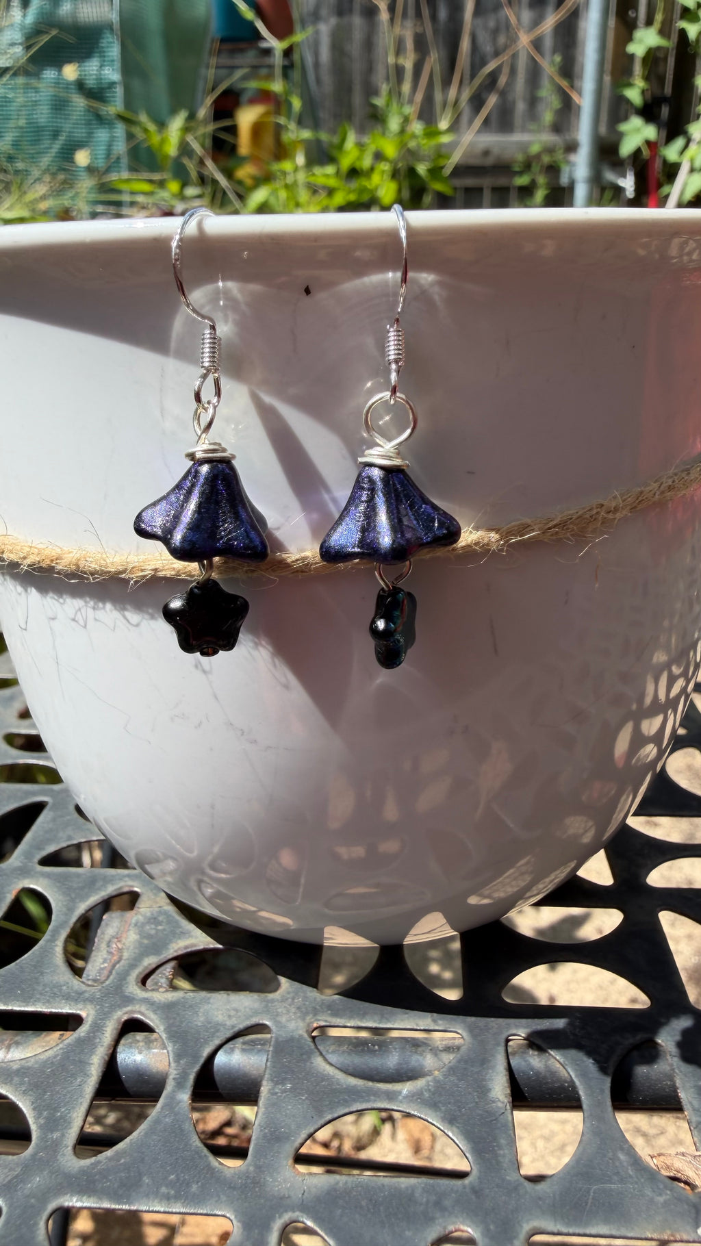 Midnight Blue Bellflower Drops | Jet Black AB Czech Glass Dangle Earrings