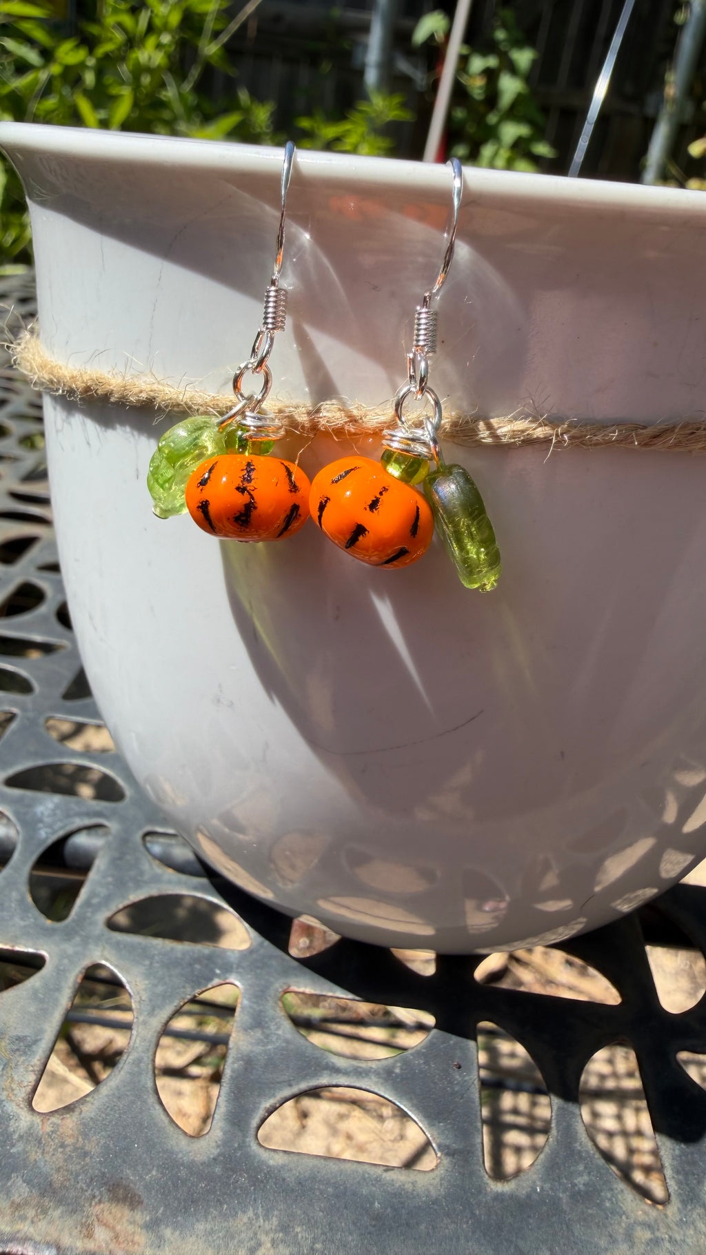 Orange Pumpkin Green Leaf Earrings