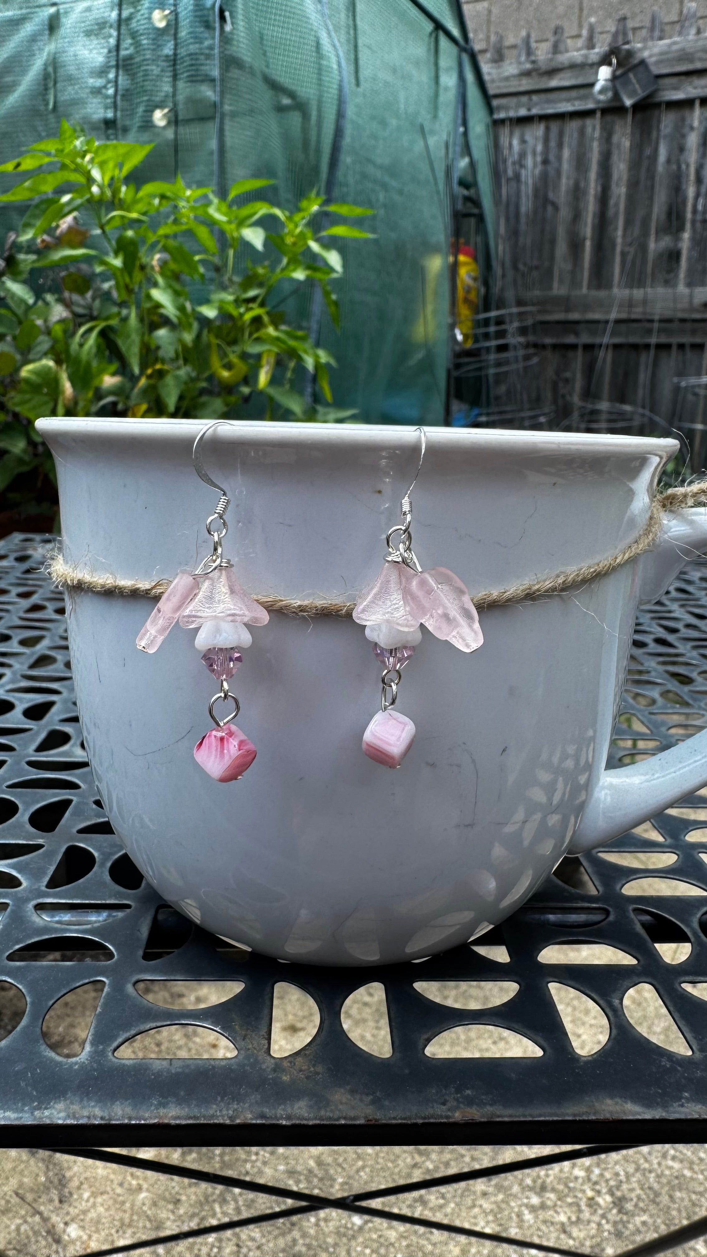 Czech Glass Pink Bellflower Earrings – Handmade Floral Dangle with Rare Pink Cube Bead | Romantic Garden Jewelry Gift for Her