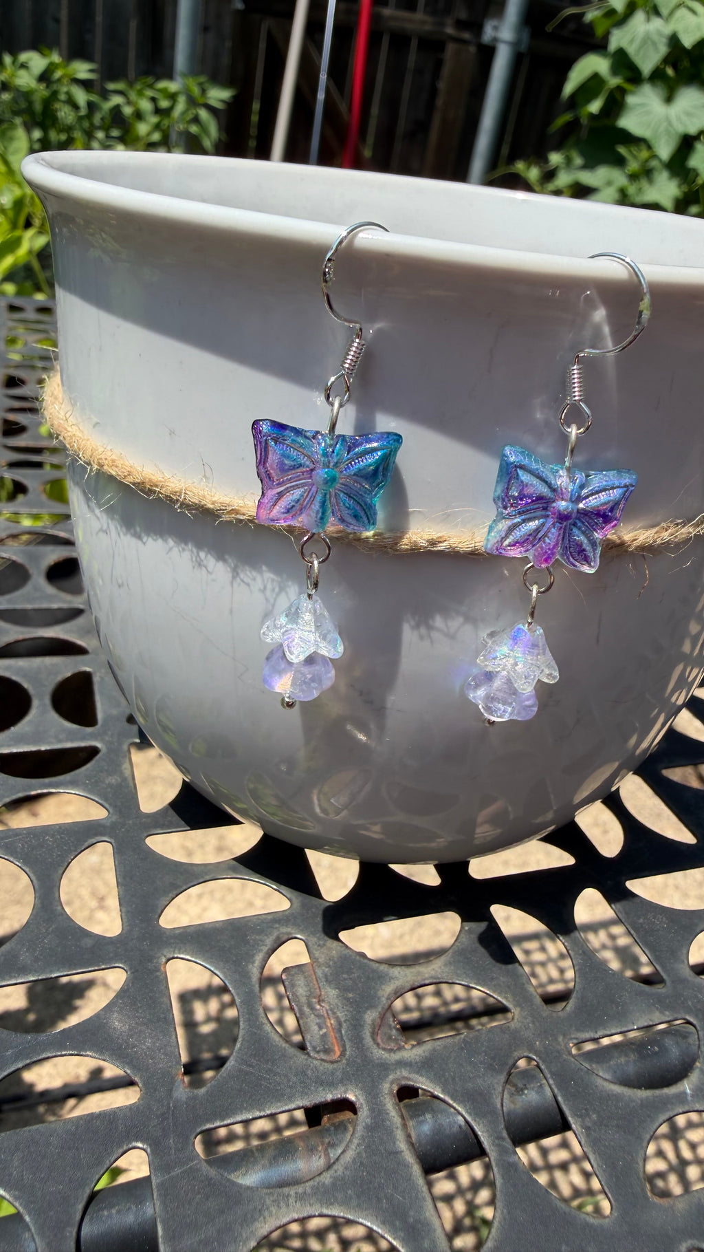 Blue Purple Butterfly Earrings | Iridescent AB Czech Glass Floral Dangle Earrings