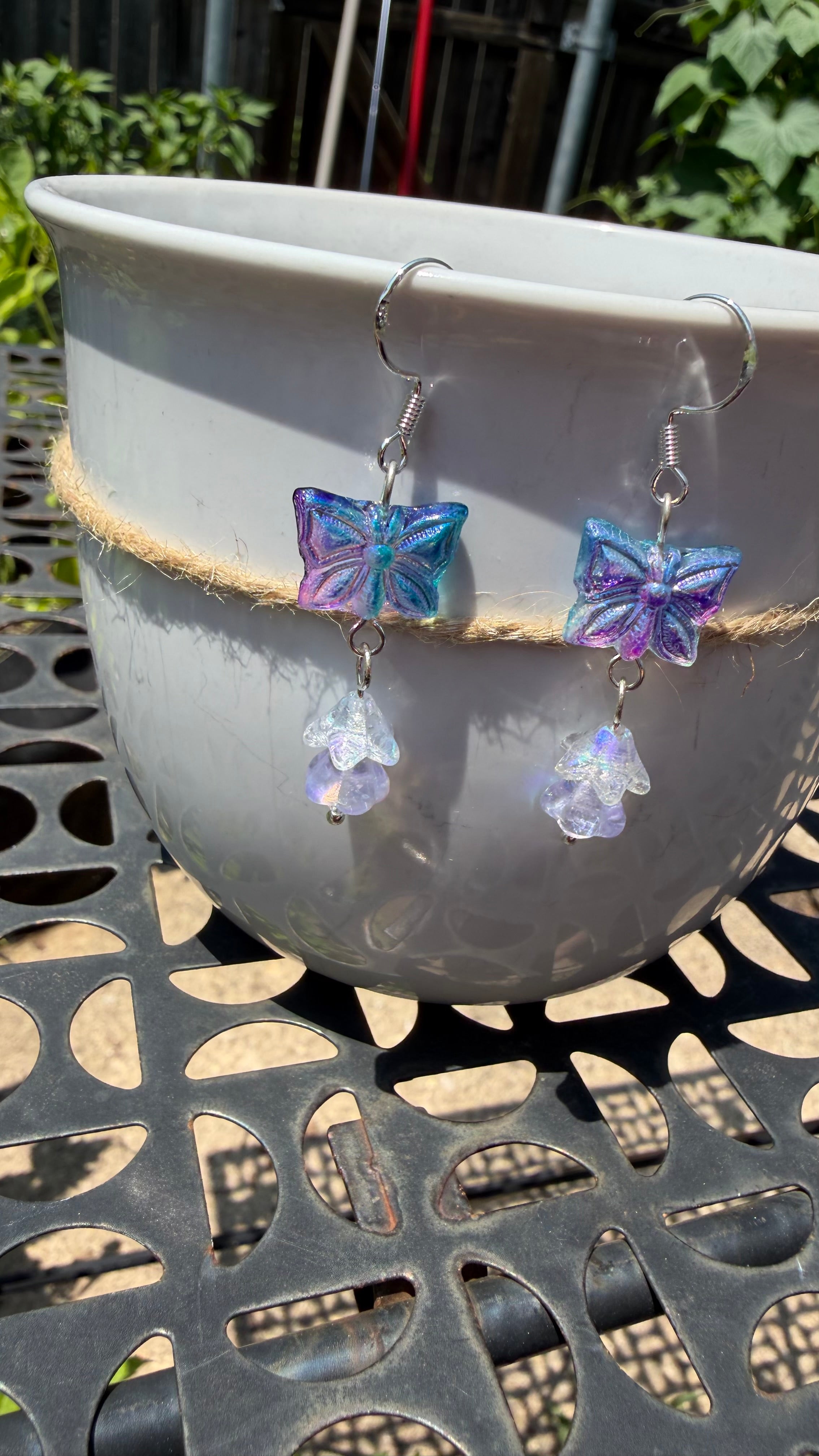Blue Purple Butterfly Earrings | Iridescent AB Czech Glass Floral Dangle Earrings
