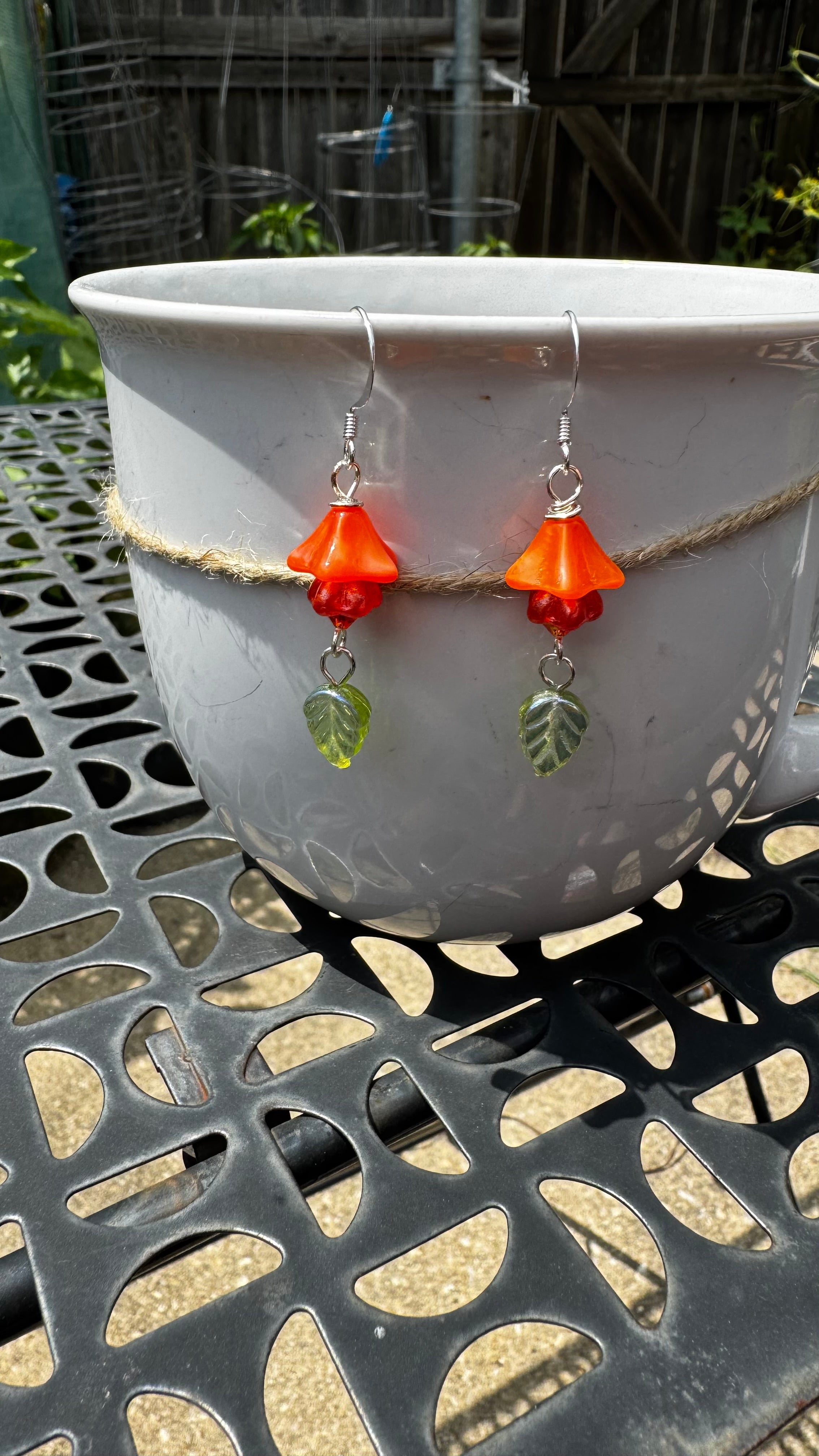 Orange Bellflower Earrings with Green Leaves – Handmade Czech Glass Dangle Earrings | Nature-Inspired Floral Gift for Her