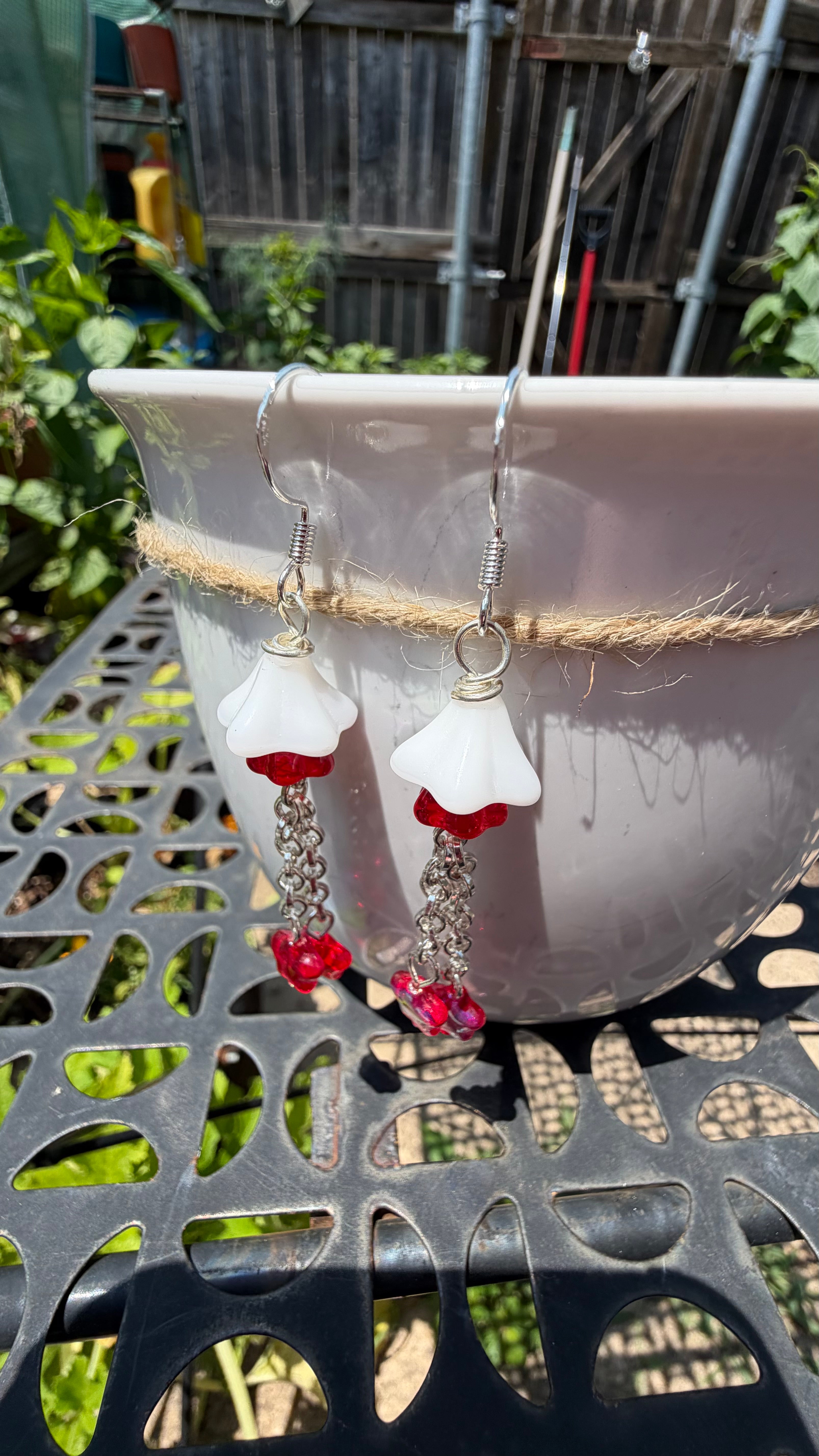 Layered White Red Floral Star Dangle Earrings