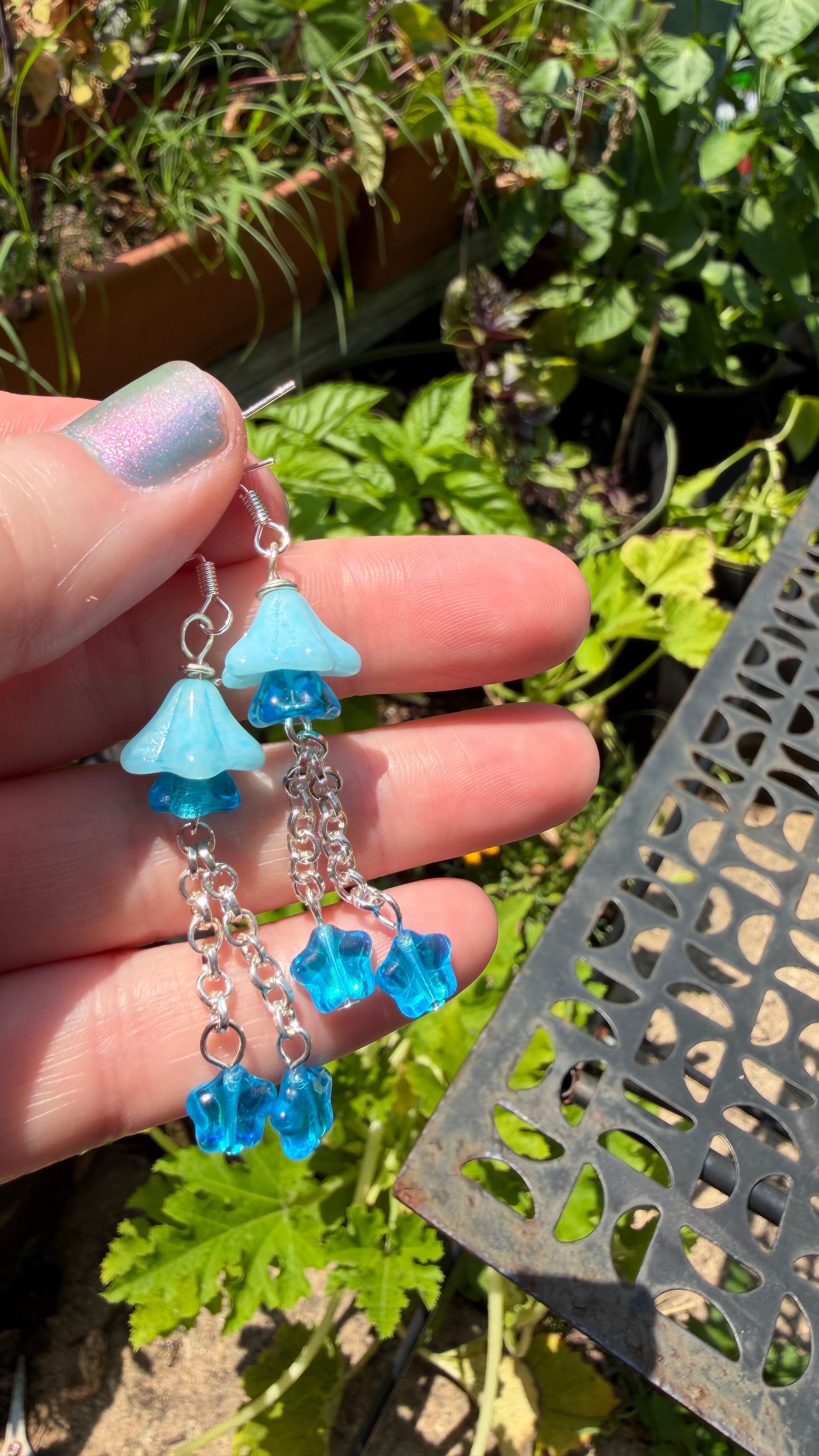Czech Glass Light Blue Bellflower Earrings – Star AB Iridescent Floral Dangles