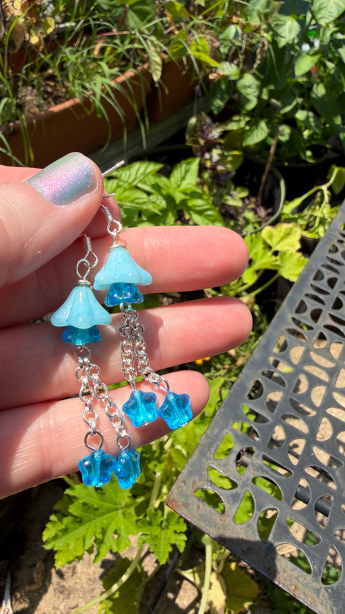 Czech Glass Light Blue Bellflower Earrings – Star AB Iridescent Floral Dangles