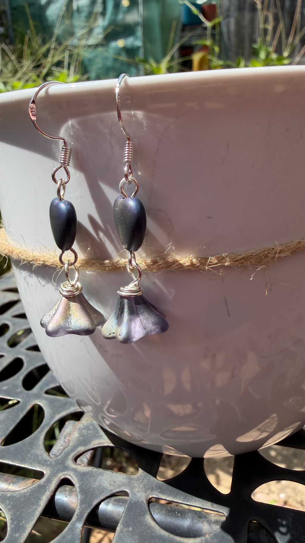 Purple Bellflower Heart Drops | Matte Amethyst Czech Glass Dangle Earrings