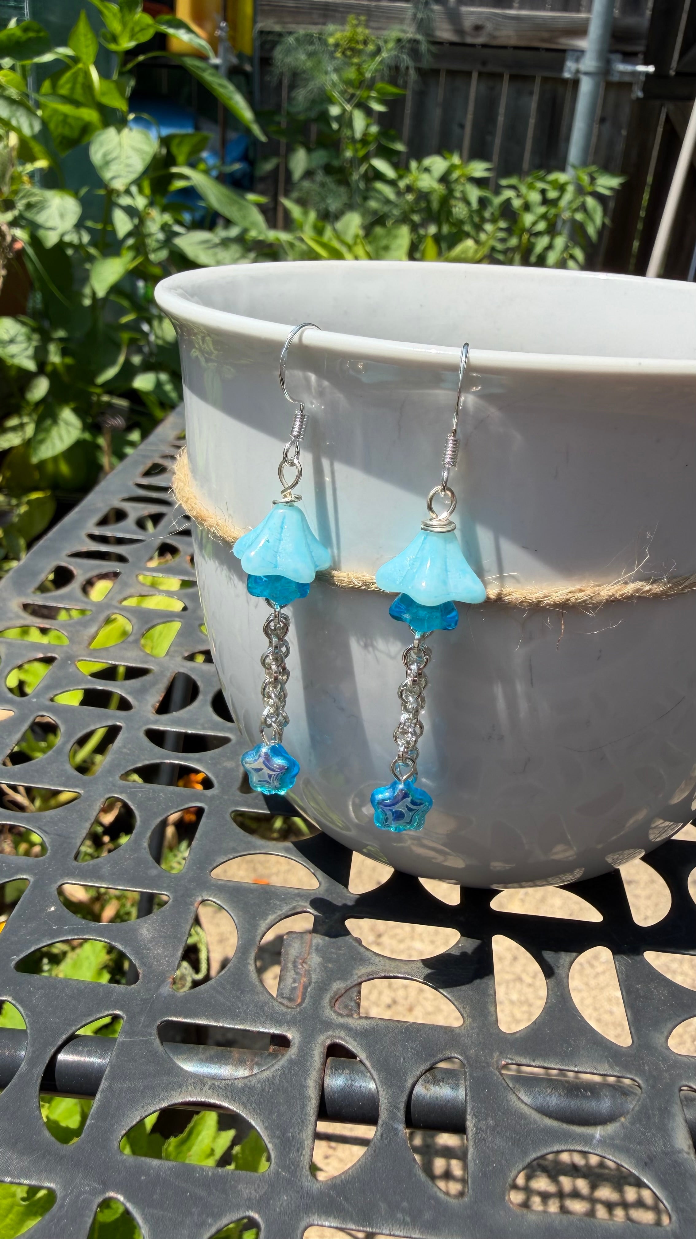 Czech Glass Light Blue Bellflower Earrings – Star AB Iridescent Floral Dangles
