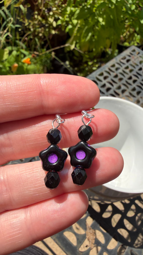 Black Purple Flower Earrings | Jet Black AB Czech Glass Dangles