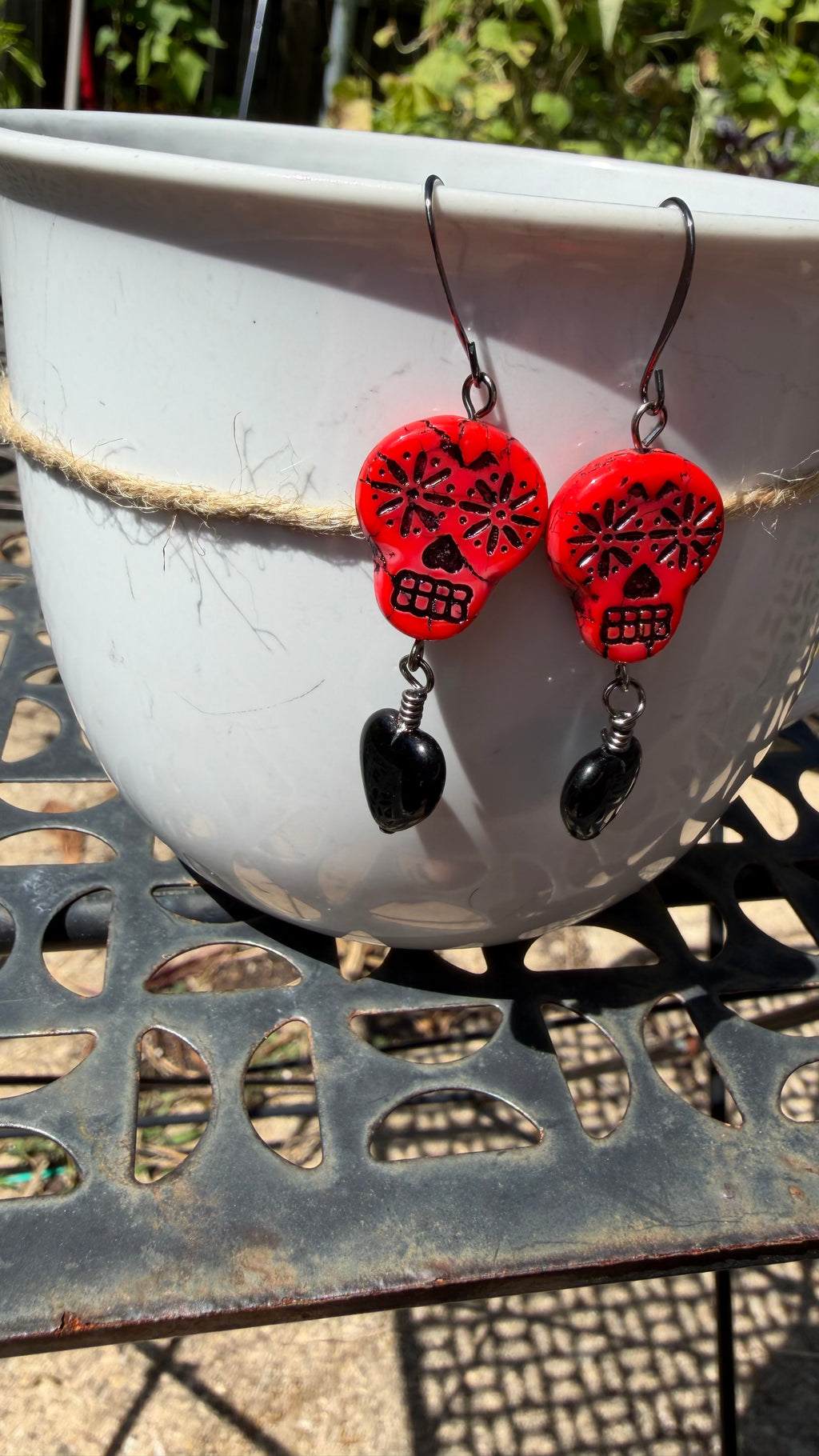 Red Sugar Skull Heart Earrings