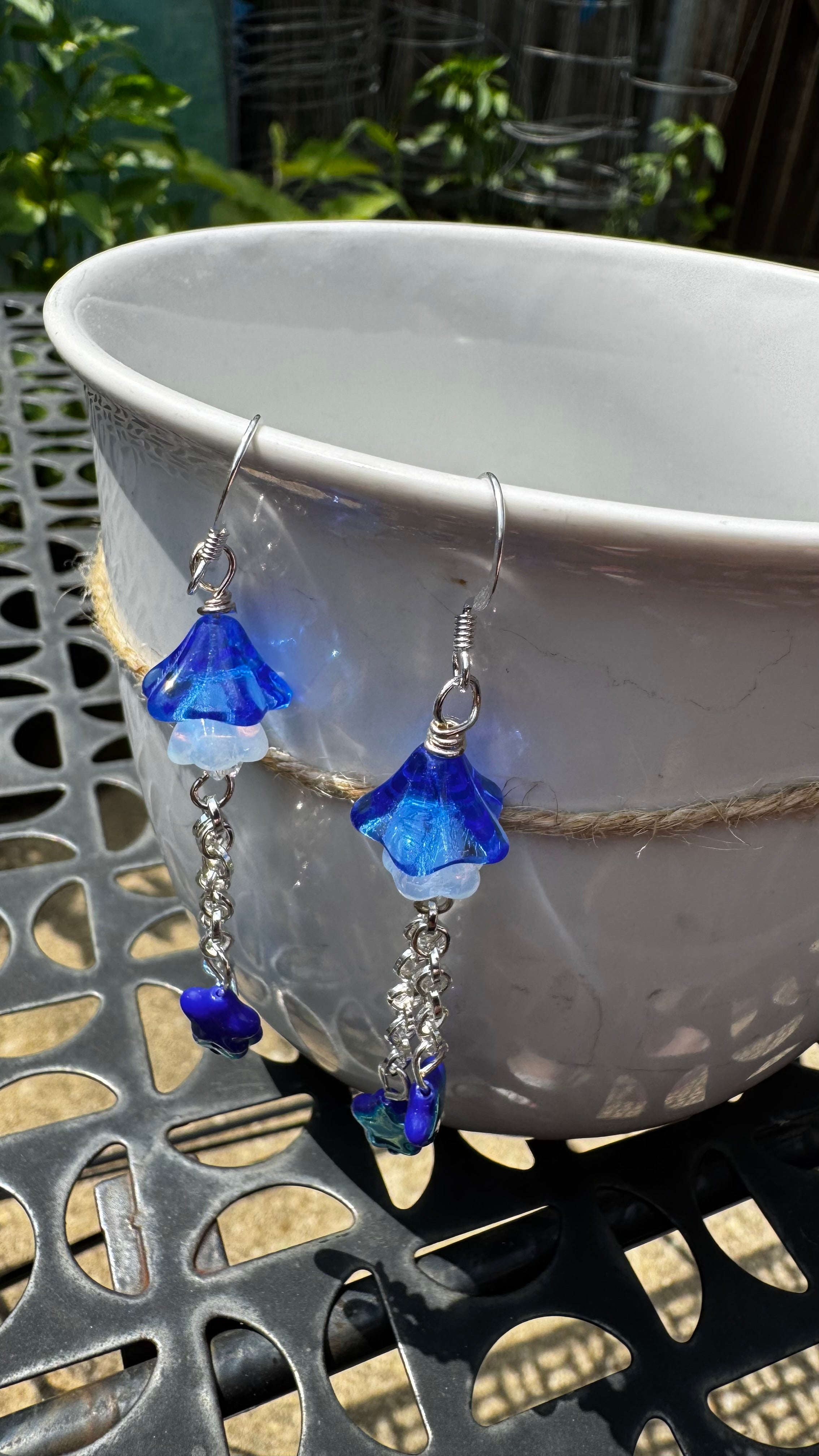Czech Glass Cobalt Blue Bellflower Earrings – Handmade Floral Star Dangle Earrings | Celestial Nature-Inspired Gift for Her