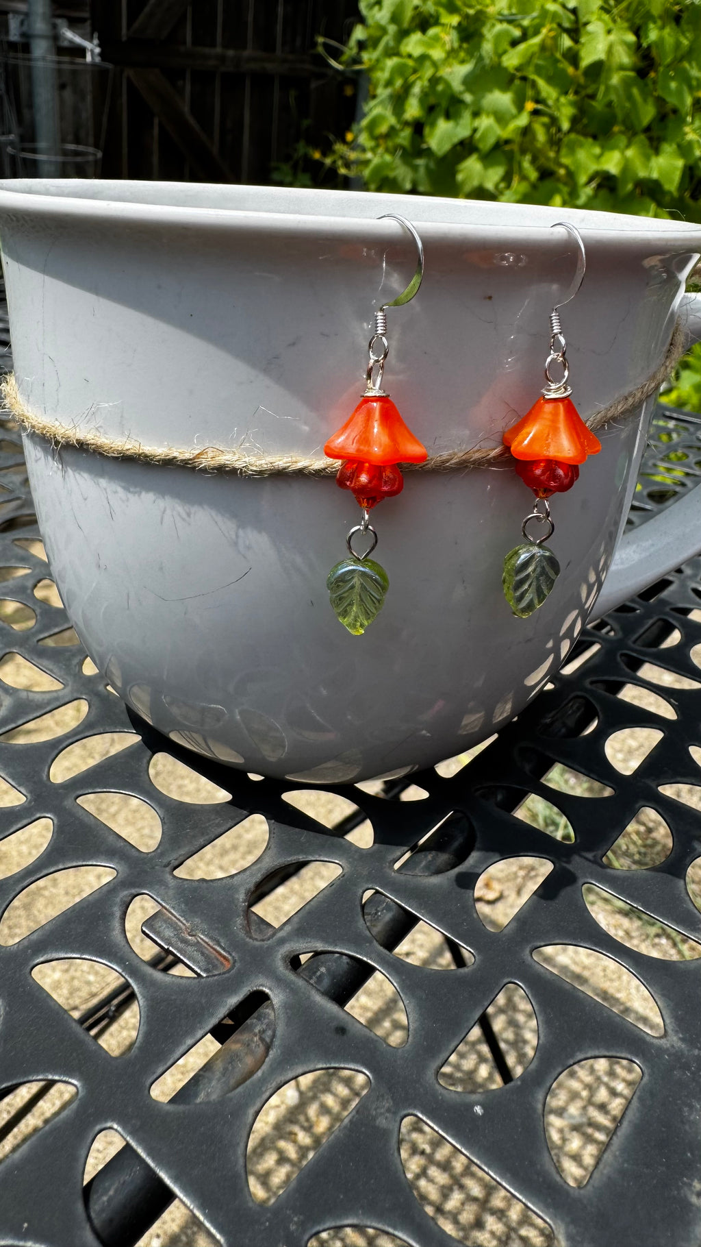 Orange Bellflower Earrings with Green Leaves – Handmade Czech Glass Dangle Earrings | Nature-Inspired Floral Gift for Her